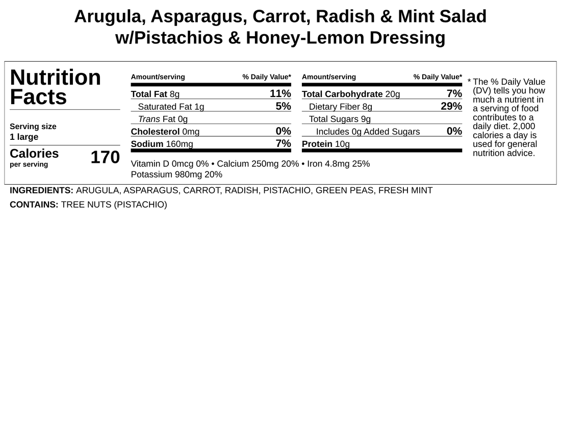 Arugula, Asparagus, Carrot, Radish & Mint Salad w/Pistachios & Honey-Lemon Dressing