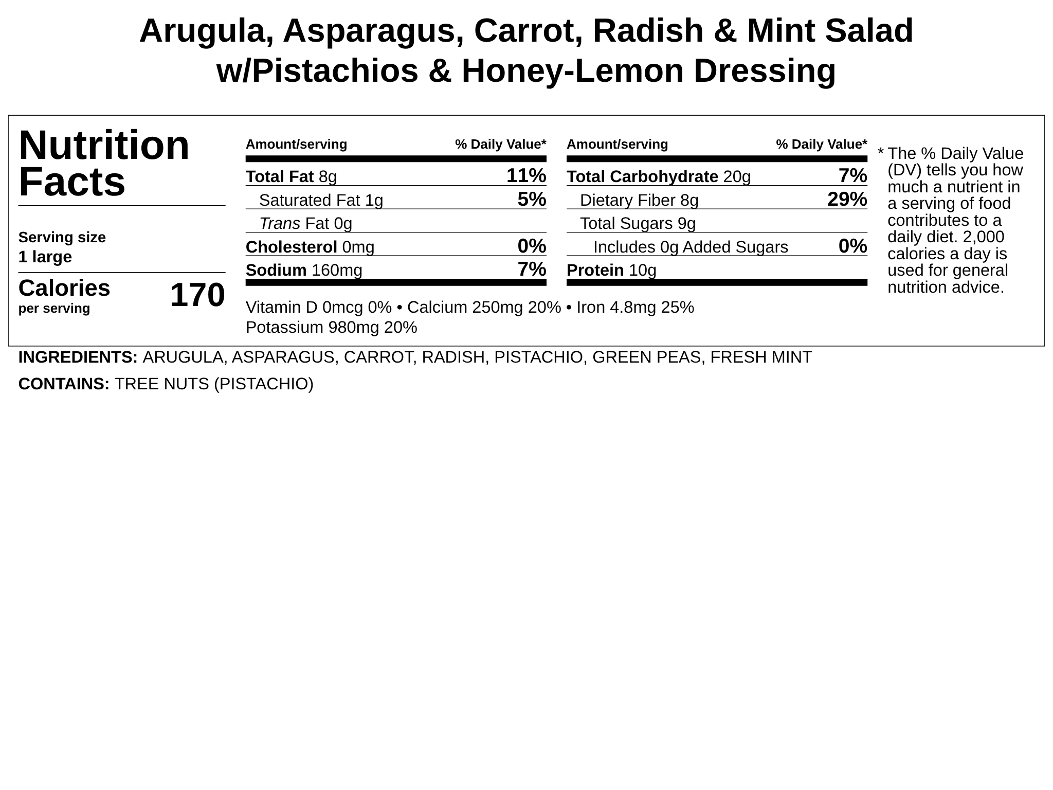 Arugula, Asparagus, Carrot, Radish & Mint Salad w/Pistachios & Honey-Lemon Dressing