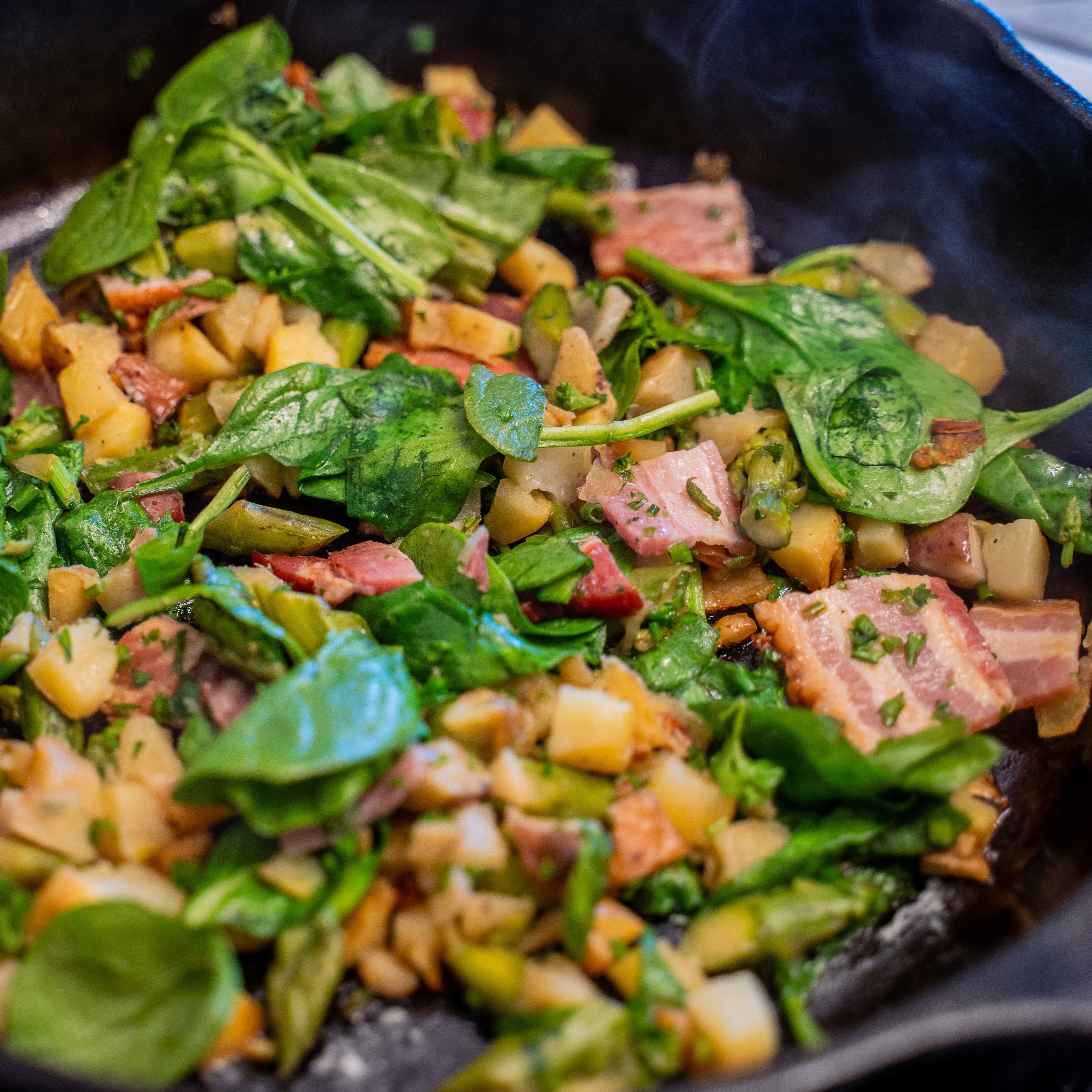 Breakfast Scramble w/Bacon, Asparagus, Spinach, Fresh Herbs & Chevre