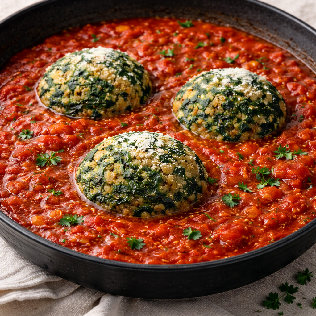 Parmesan Spinach Balls in House-made Spaghetti Sauce - wheat