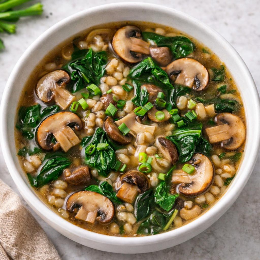 Miso-Mushroom, Barley & Spinach Soup