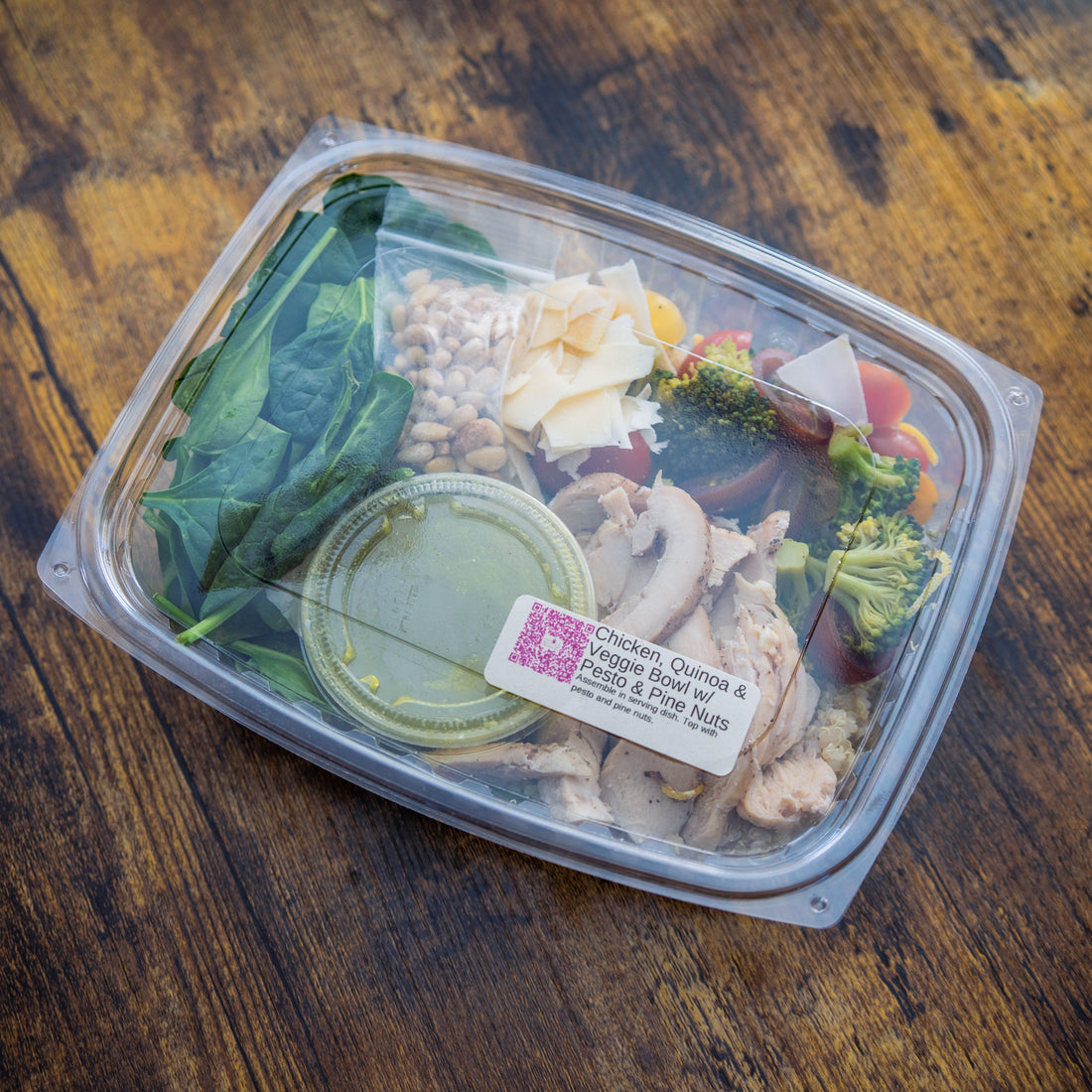 Chicken, Quinoa & Veggie Bowl w/Garlic Scape Pesto & Pine Nuts