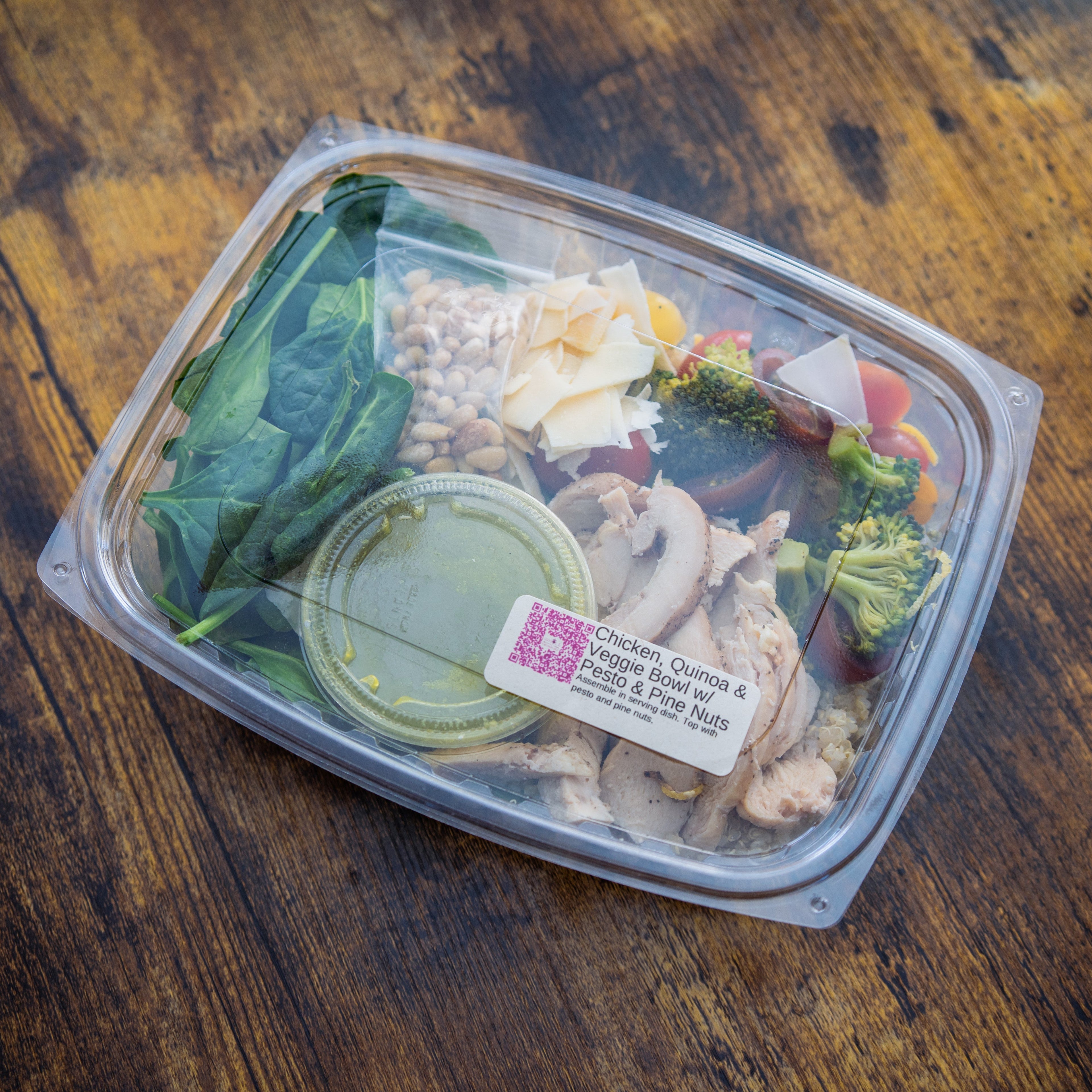 Chicken, Quinoa & Veggie Bowl w/Garlic Scape Pesto & Pine Nuts