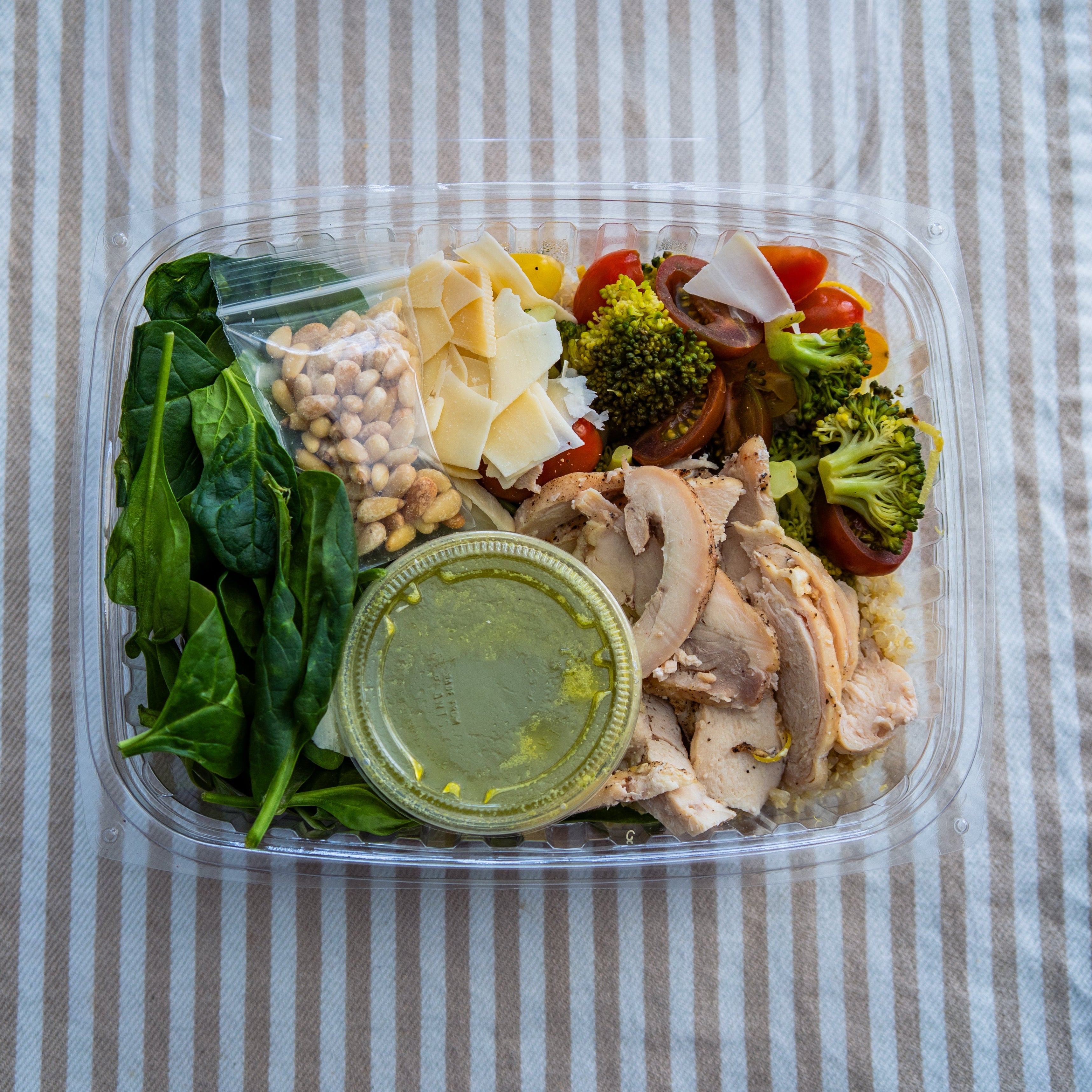 Chicken, Quinoa & Veggie Bowl w/Arugula Pesto & Pine Nuts