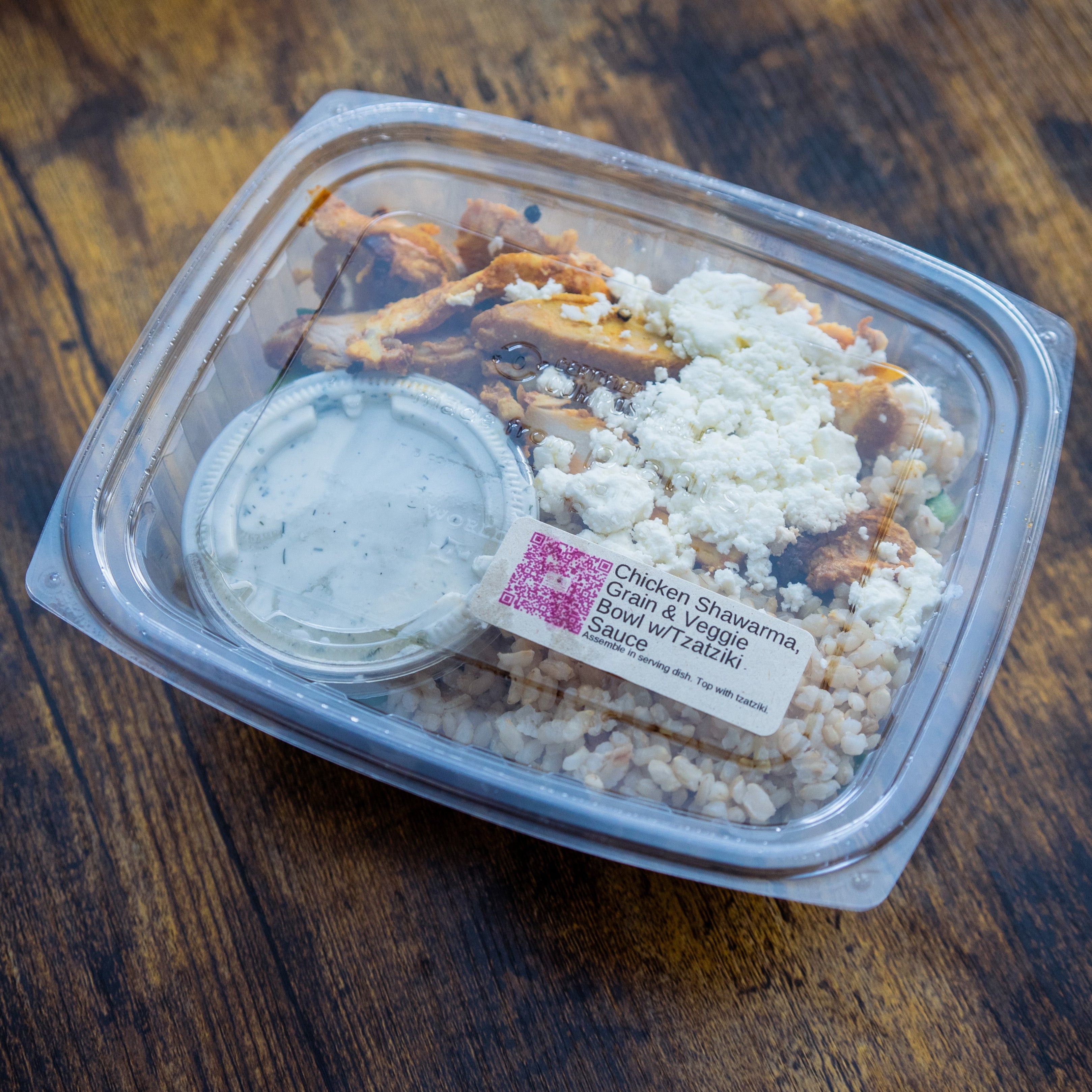 Chicken Shawarma, Rice & Veggie Bowl w/Amaltheia Feta & Tzatziki Sauce
