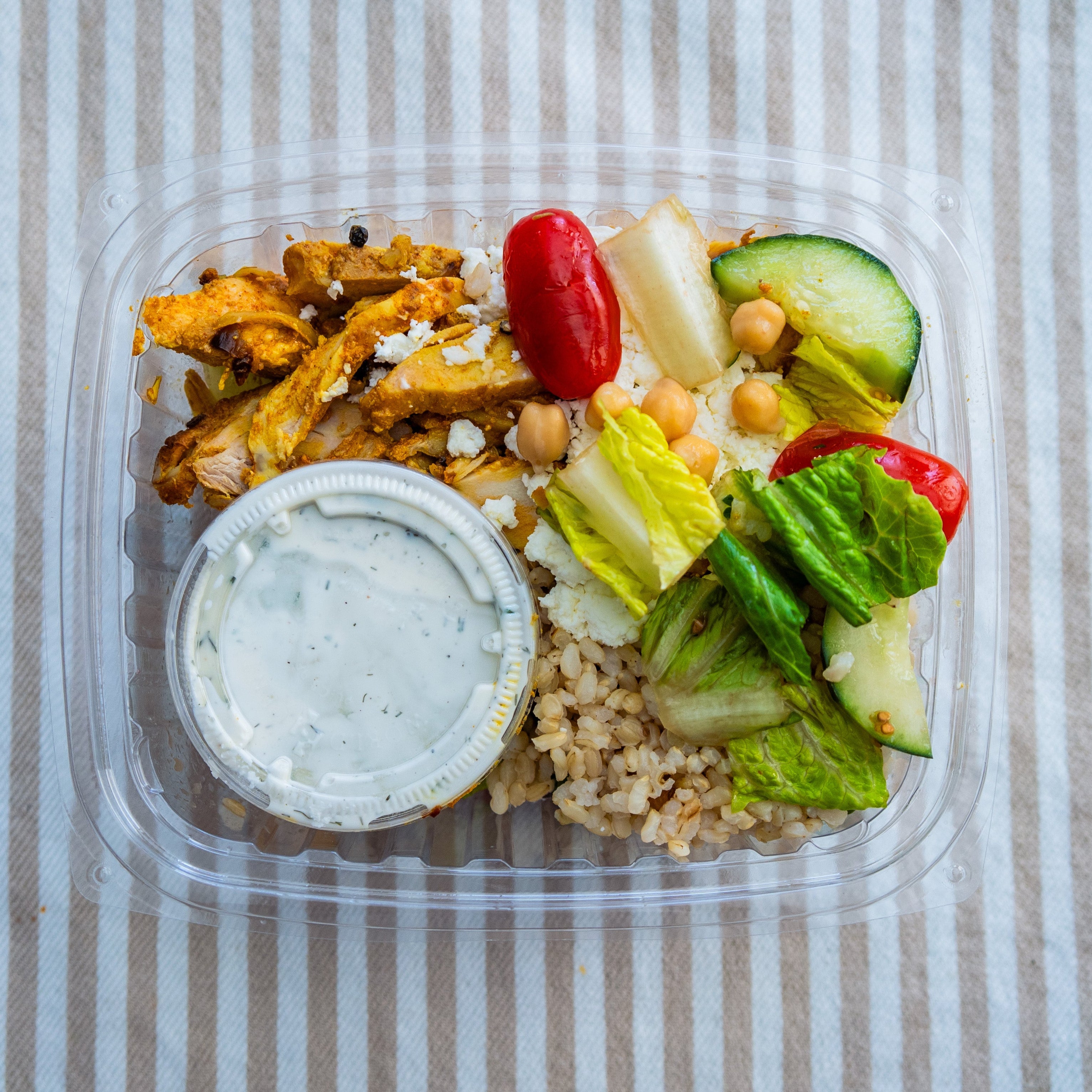 Chicken Shawarma, Rice & Veggie Bowl w/Amaltheia Feta & Tzatziki Sauce