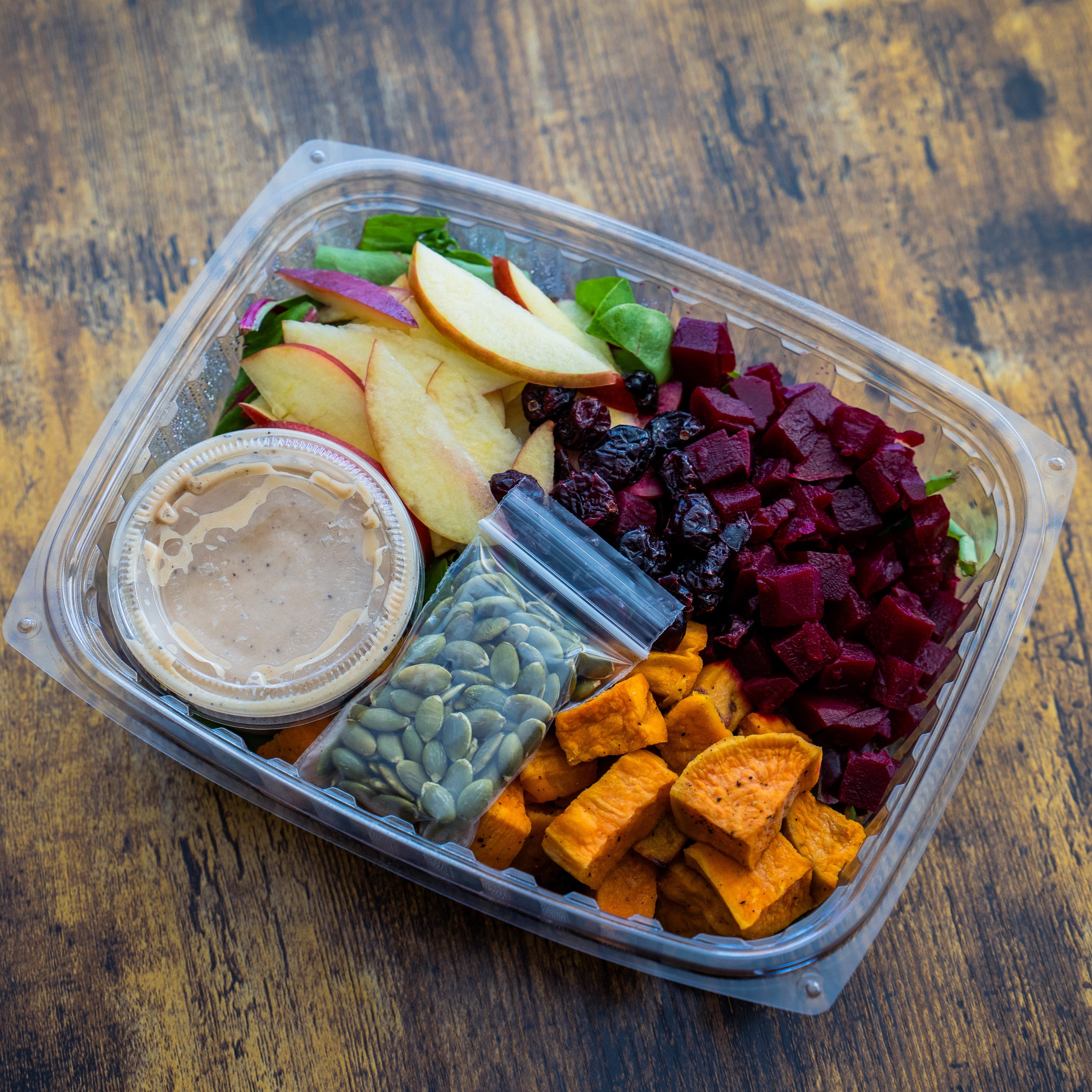 Autumn Chopped Salad w/Pickled Beets, Sweet Potatoes, Apple, Toasted Pumpkin Seeds & Apple Dijon Dressing