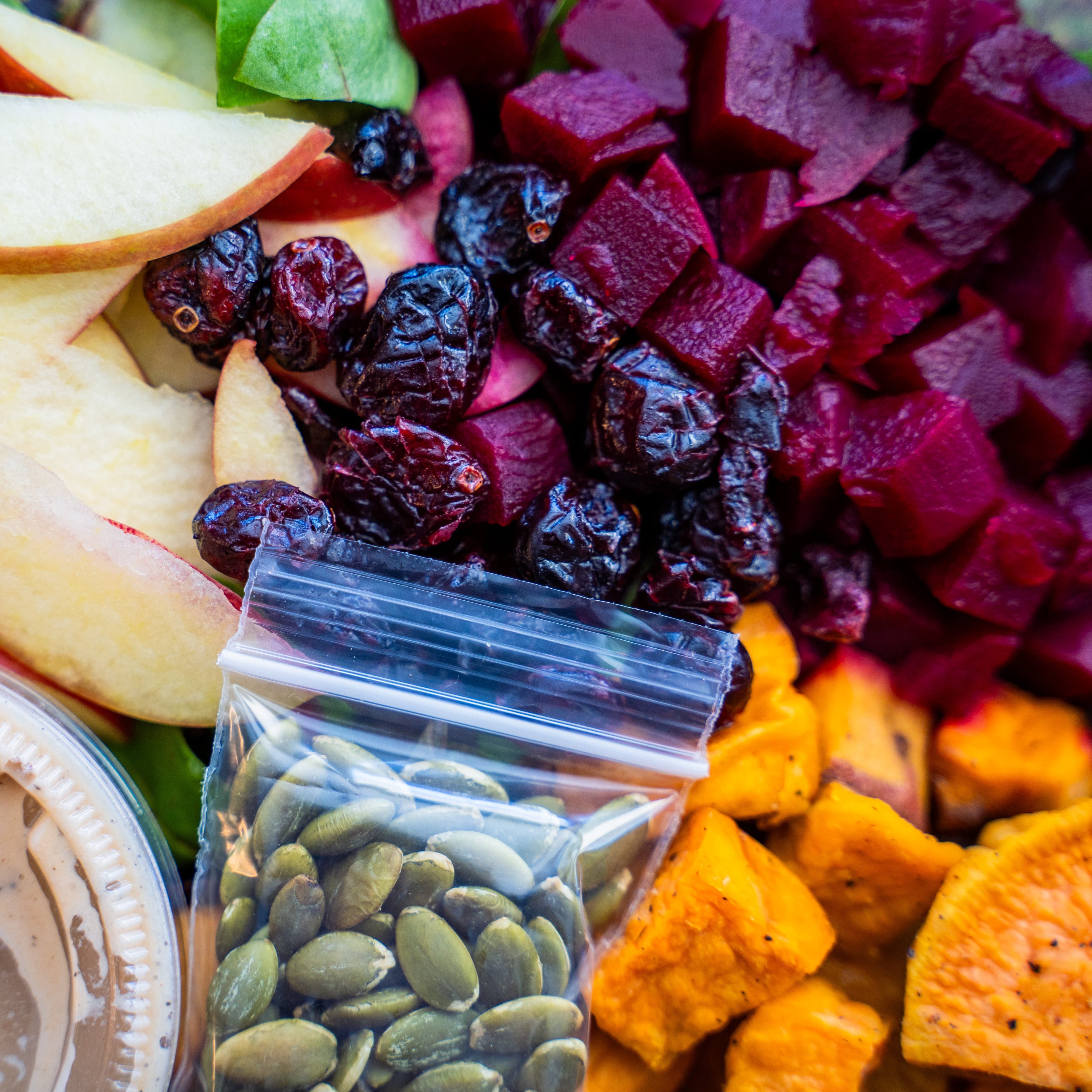 Autumn Chopped Salad w/Pickled Beets, Sweet Potatoes, Apple, Toasted Pumpkin Seeds & Apple Dijon Dressing