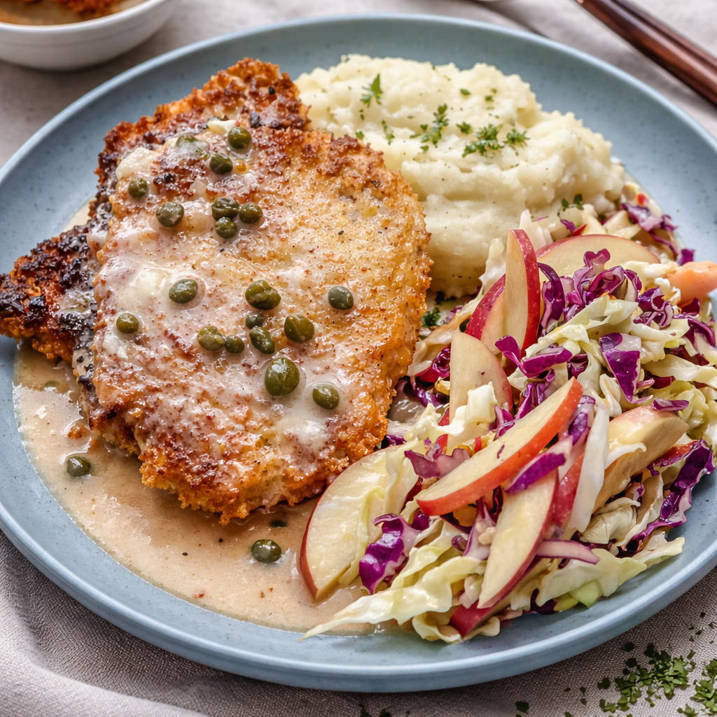 Pork Schnitzel Piccata w/Mashed Potatoes and Rainbow Cabbage & Apple Slaw