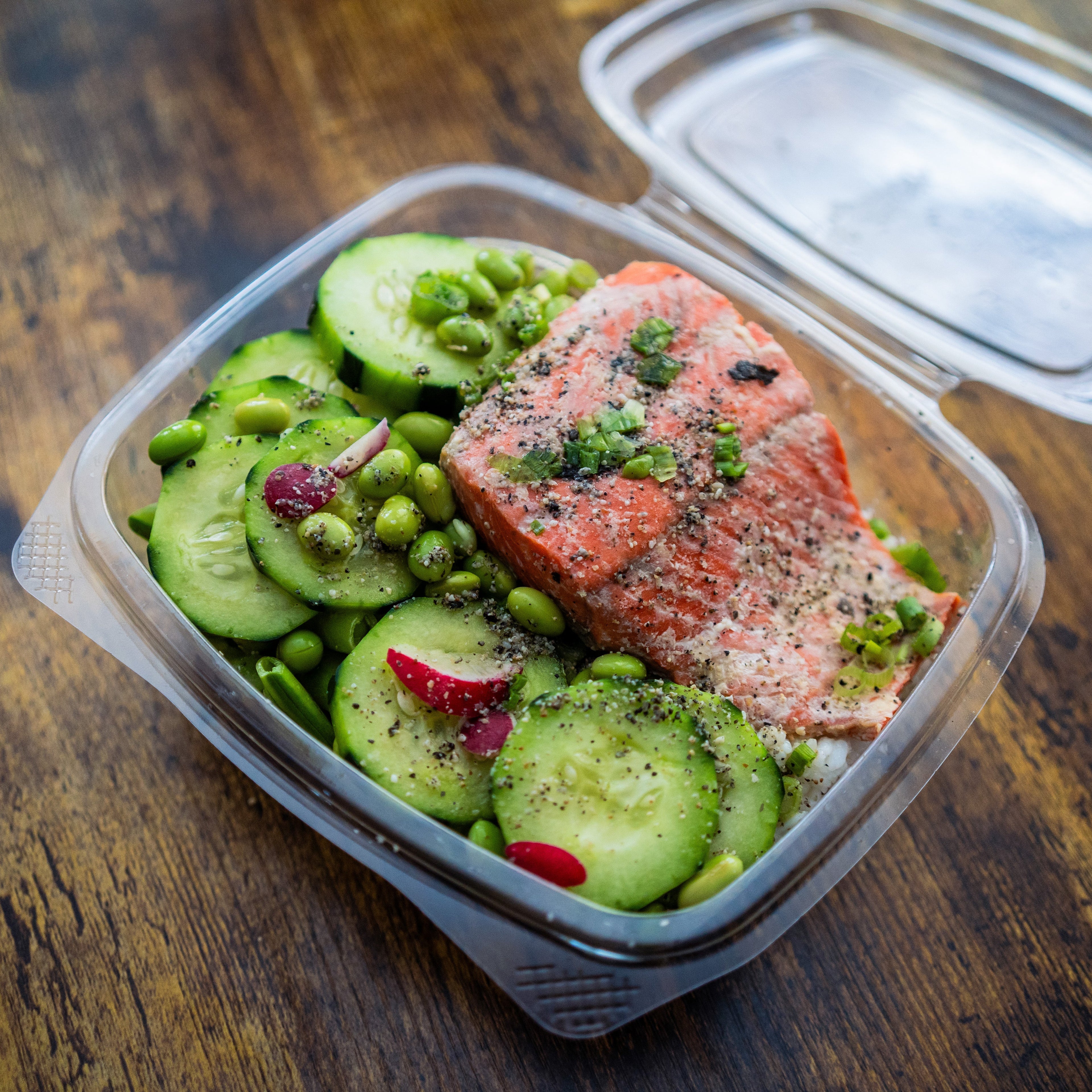 Miso Glazed Salmon, Veggie & Rice Bowl w/Wasabi Vinaigrette