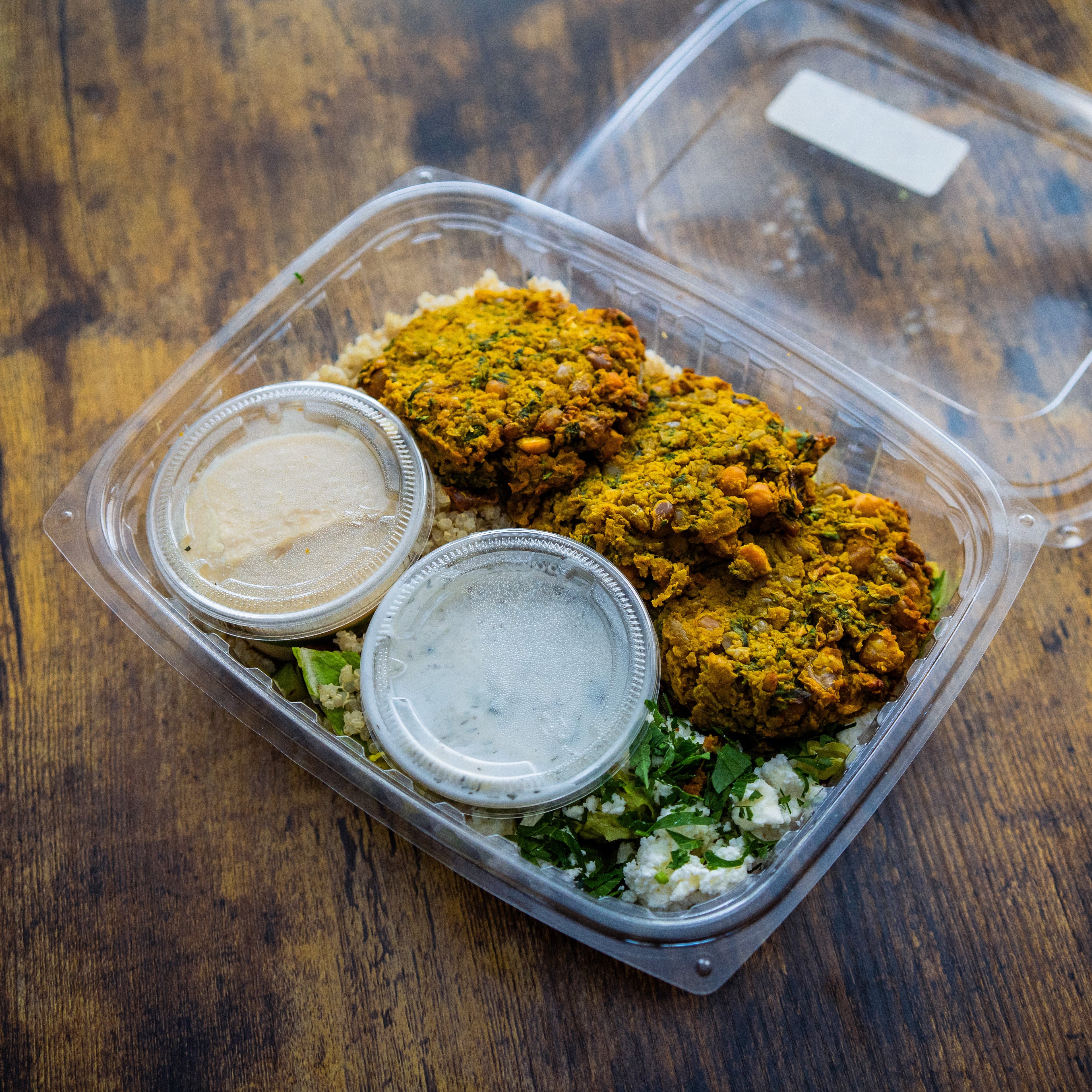Turmeric Falafel, Quinoa & Veggie Bowl w/Tzatziki Sauce & Lemon-Garlic Hummus