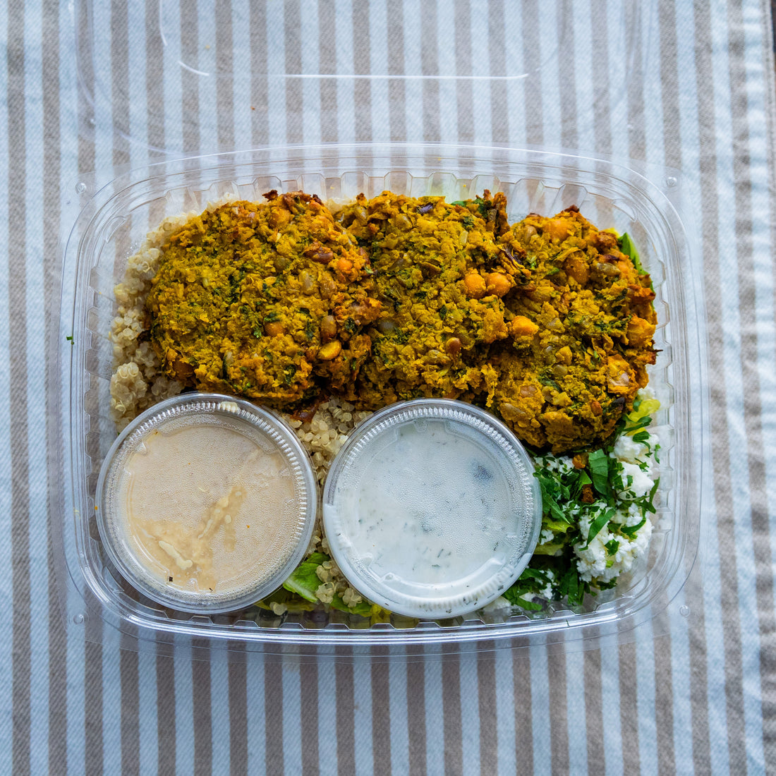 Turmeric Falafel, Quinoa & Veggie Bowl w/Tzatziki Sauce & Lemon-Garlic Hummus