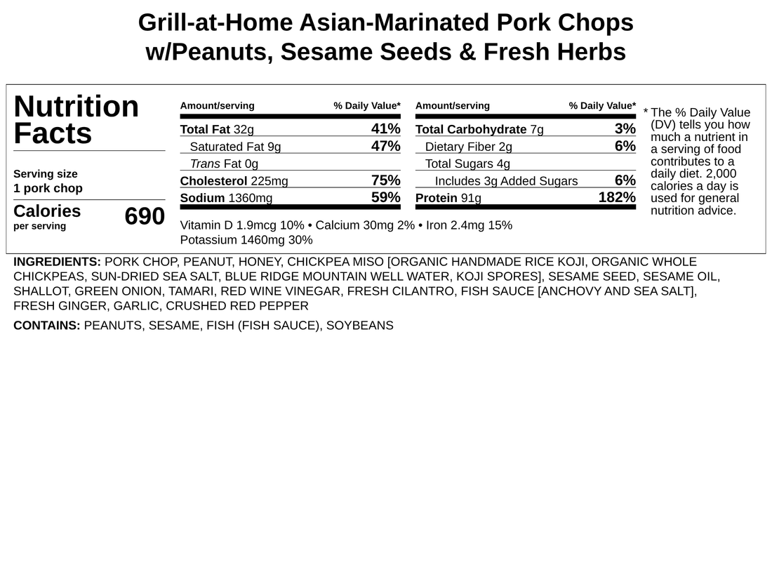Grill-at-Home Asian-Marinated Pork Chops* w/Peanuts, Sesame Seeds & Fresh Herbs - 2 bone-in pork chops