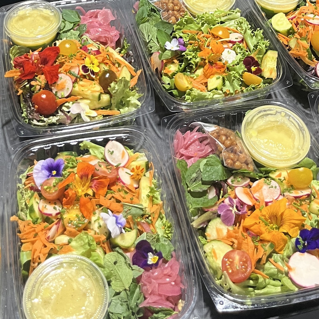 The Montana Summer Bowl w/Local Veggies, Beluga Lentils, Edible Flowers, Fresh Herbs, Crispy Chickpeas & Honey-Lemon Dressing