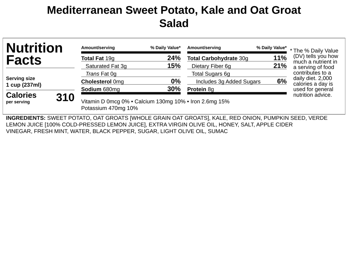 Mediterranean Sweet Potato, Kale & Oat Groat Salad w/Toasted Pumpkin Seeds