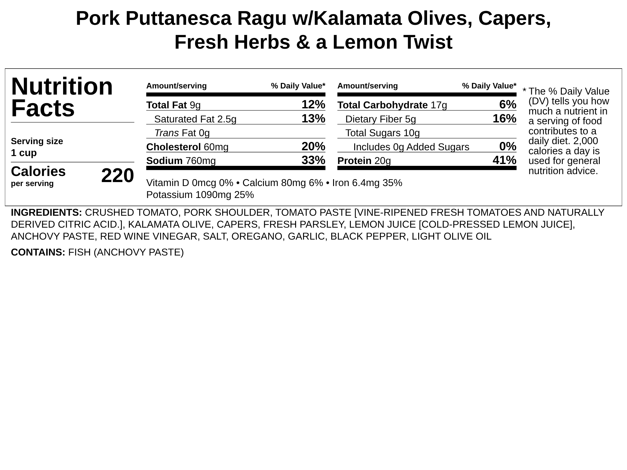 Frozen - Pork Puttanesca Ragu w/Kalamata Olives, Capers, Fresh Herbs & a Lemon Twist