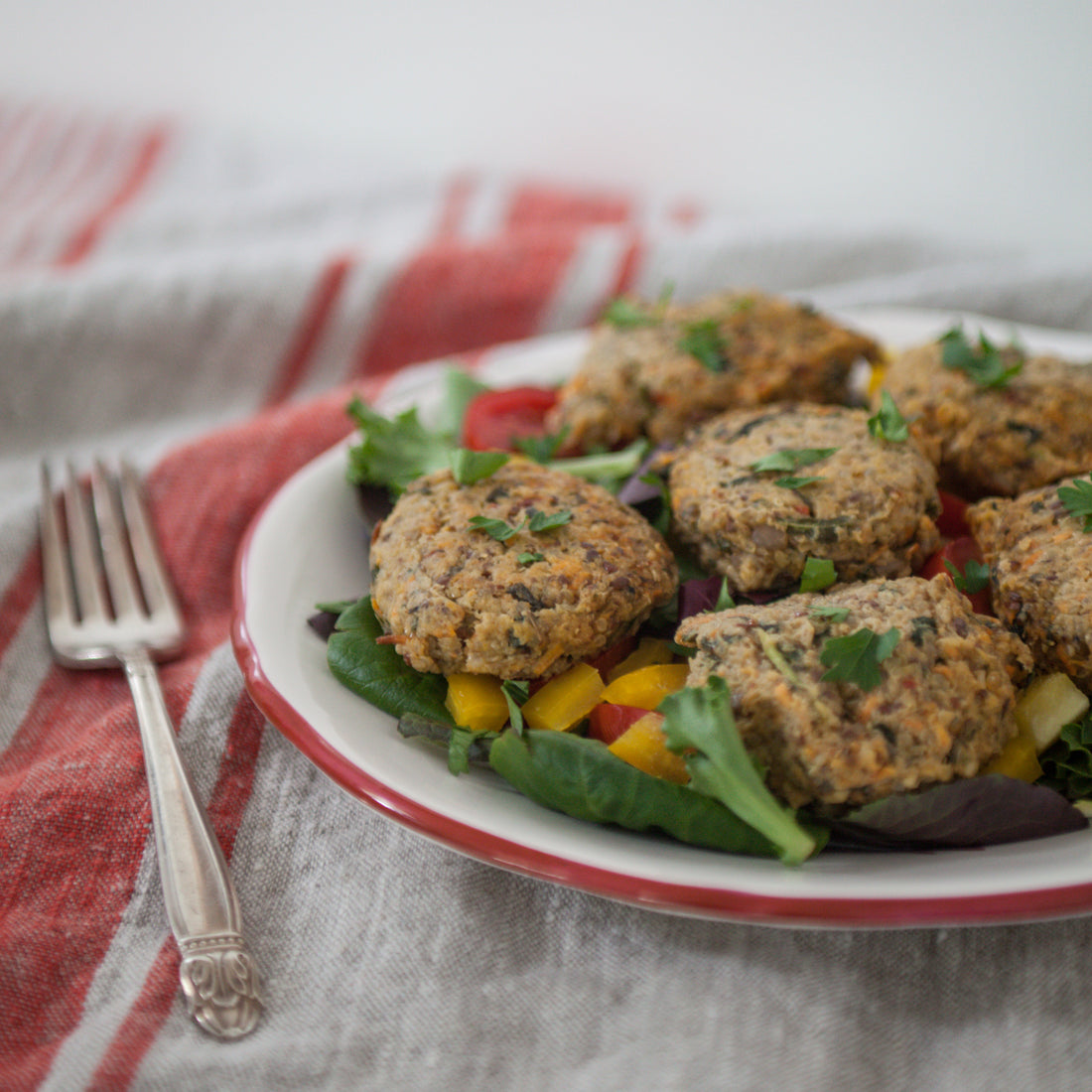 Veggie Power Bowl w/Veggie Tahini Quinoa Patties & Goddess Dressing