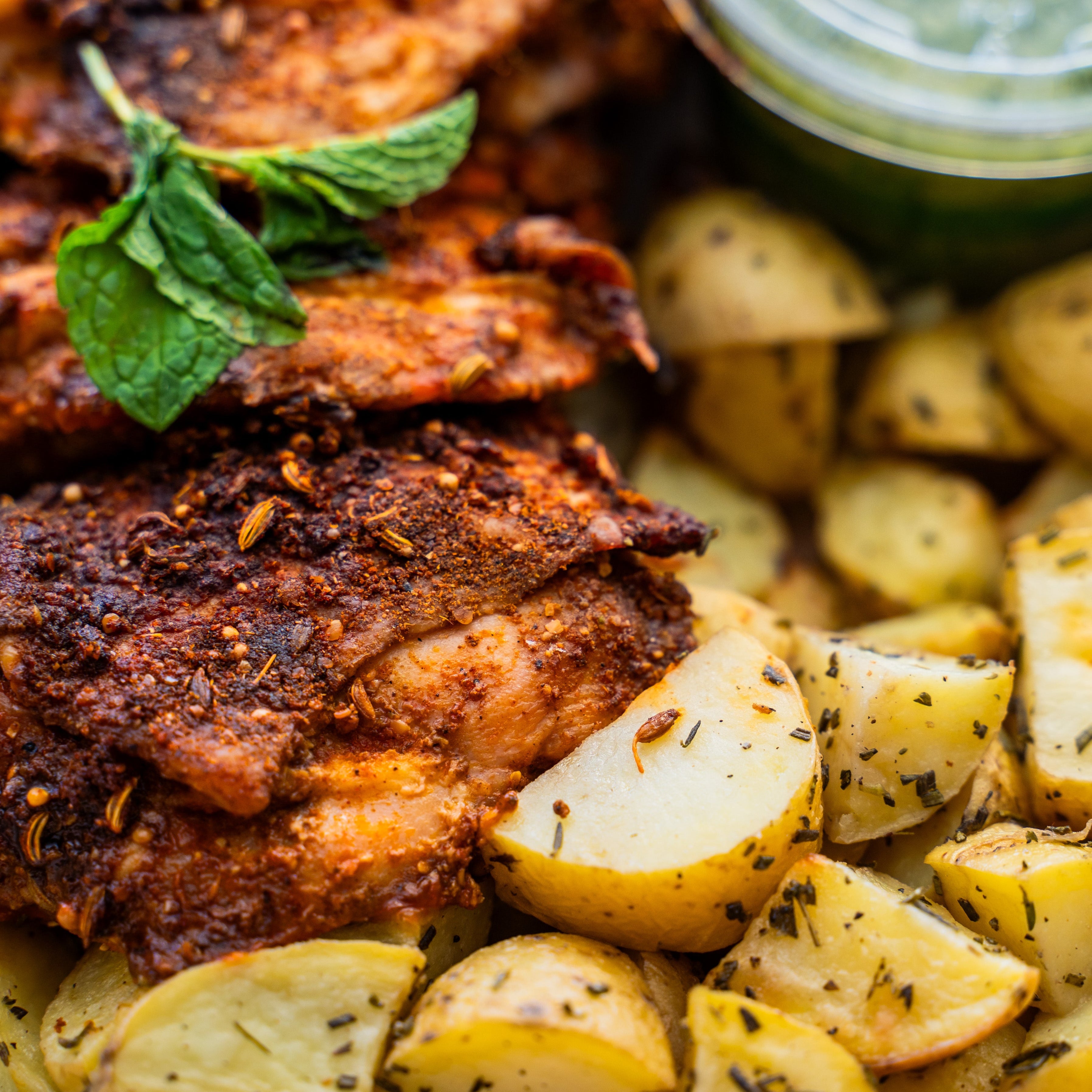 Roasted Chicken Thighs w/Honey-Dijon-Mint Sauce & Roasted Potatoes