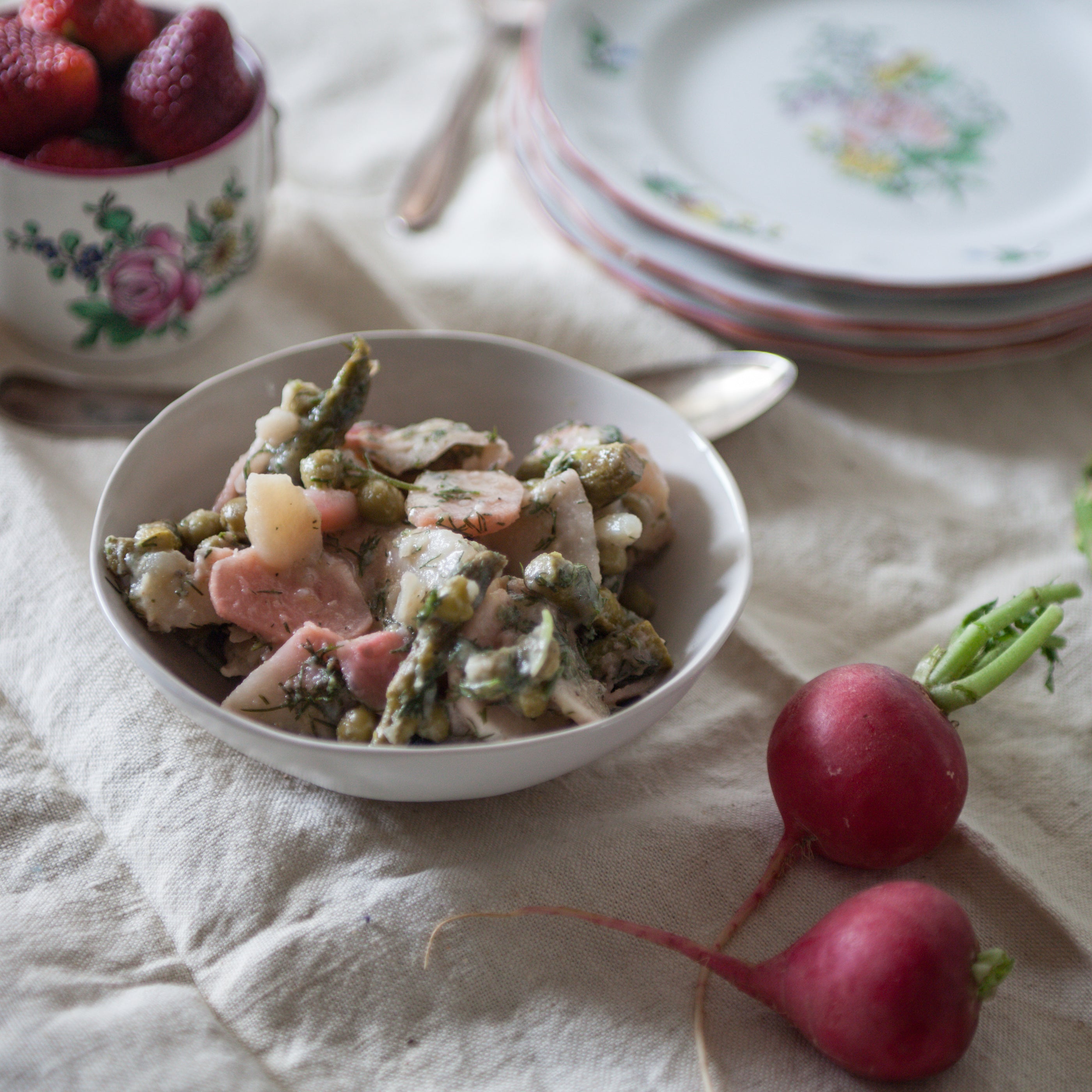 Spring Potato Salad w/Asparagus, Green Peas, Fresh Herbs & Lemon-Dijon Dressing