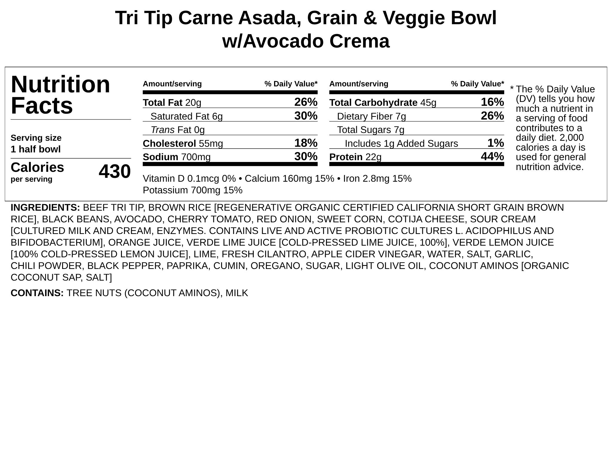 Tri Tip Carne Asada, Rice & Veggie Bowl w/Avocado Crema