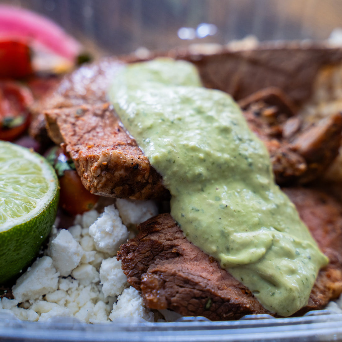 Tri Tip Carne Asada, Rice & Veggie Bowl w/Avocado Crema
