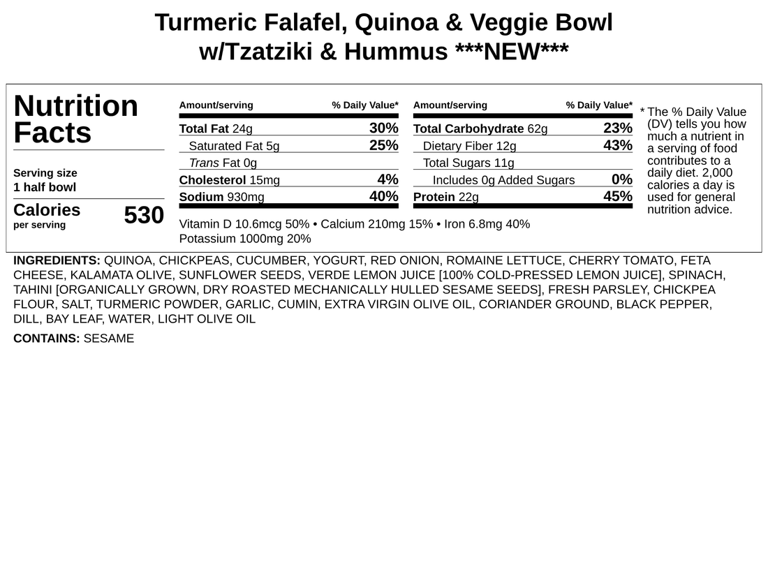 Turmeric Falafel, Quinoa & Veggie Bowl w/Tzatziki Sauce & Lemon-Garlic Hummus