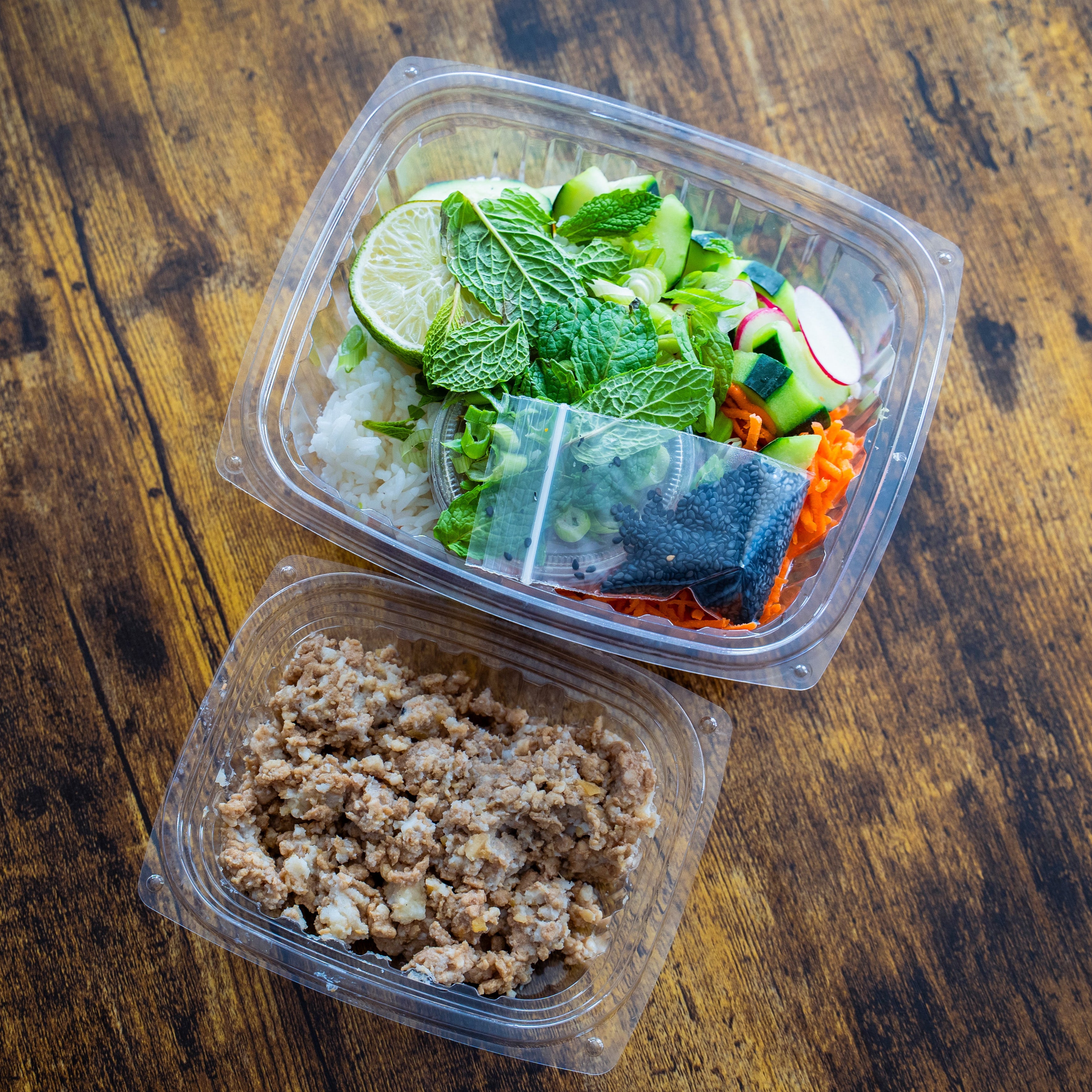 Vietnamese Pork, Veggie & Rice Bowl w/Fresh Herbs & Sesame Seeds