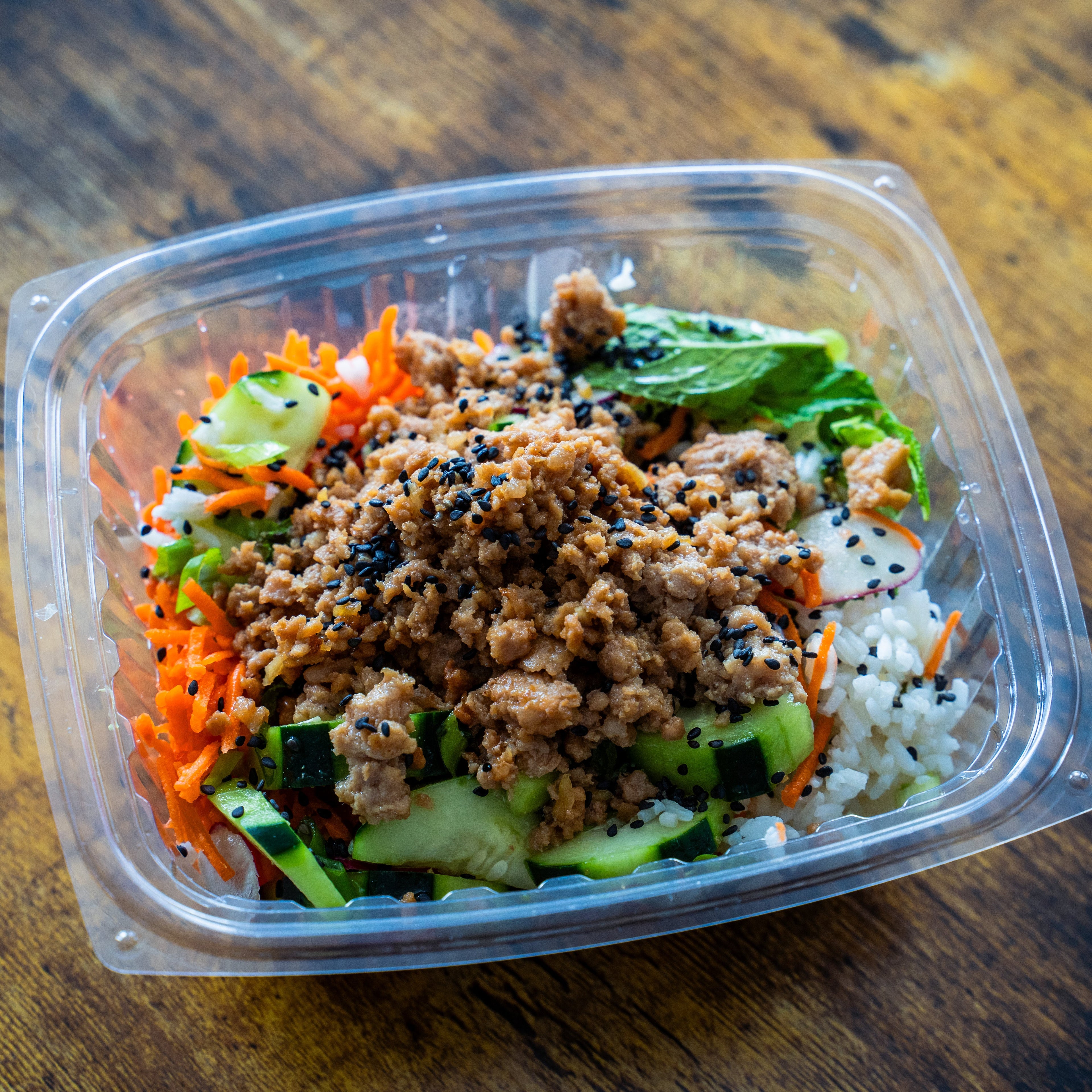 Vietnamese Pork, Veggie & Rice Bowl w/Fresh Herbs & Sesame Seeds