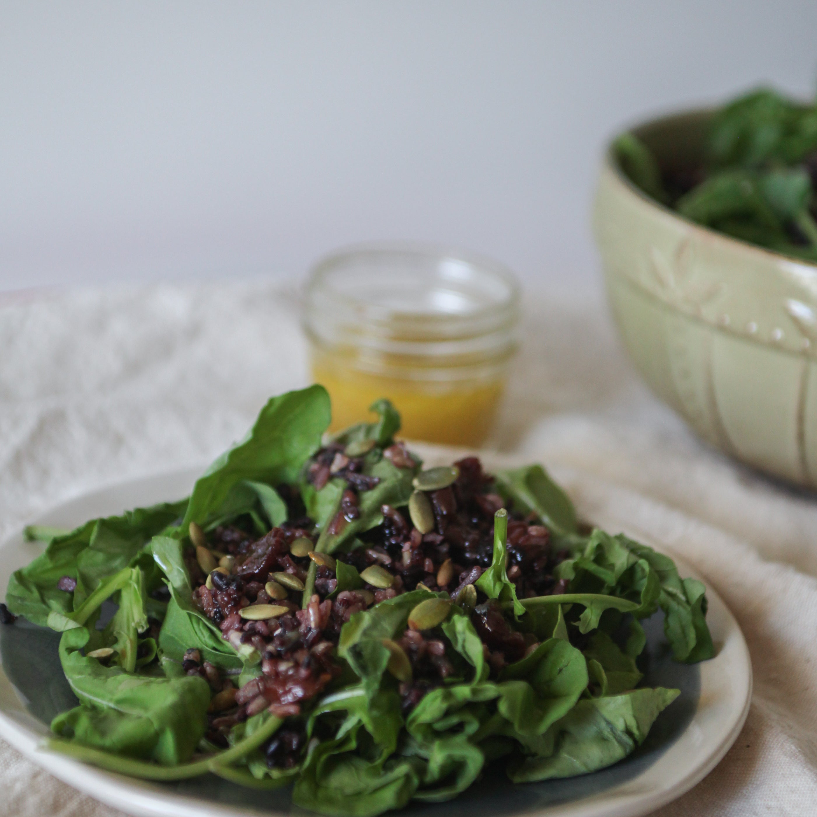 Arugula, Wild Rice, Cherry & Basil Salad w/Toasted Almonds & Honey-Lemon Dressing