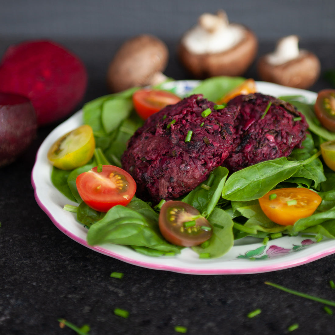 Beet, Mushroom & Grassfed Beef Patties w/Arugula & Gorgonzola
