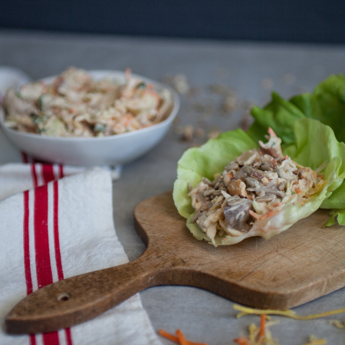 Miso Chicken & Slaw Lettuce Wraps w/Crunchy Nut & Seed Topping