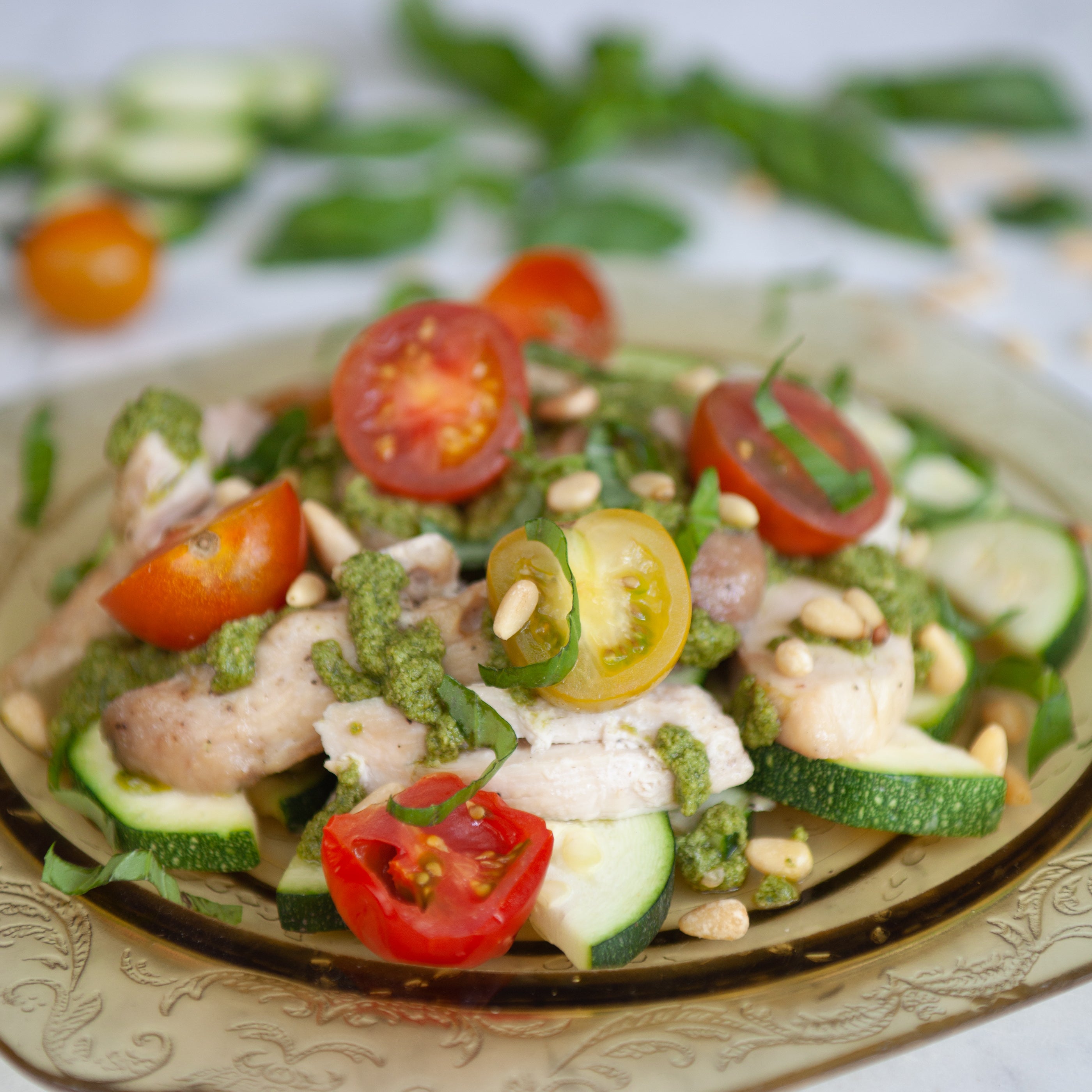 Lemony Chicken Breast w/Summer Veggies and Basil Pesto Cream Sauce