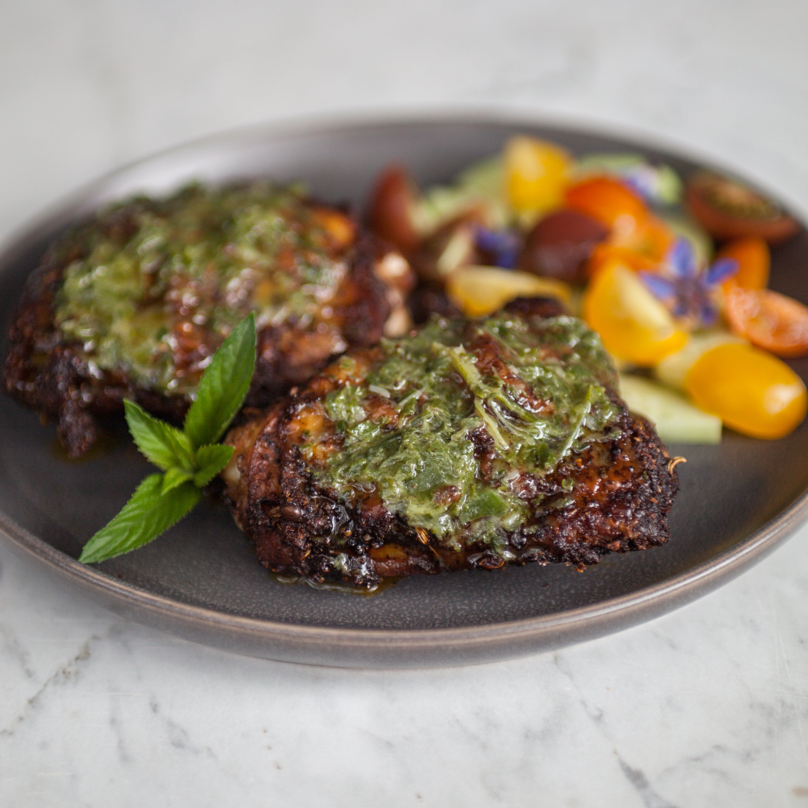 Roasted Chicken Thighs w/Honey-Dijon-Mint Sauce & Roasted Potatoes