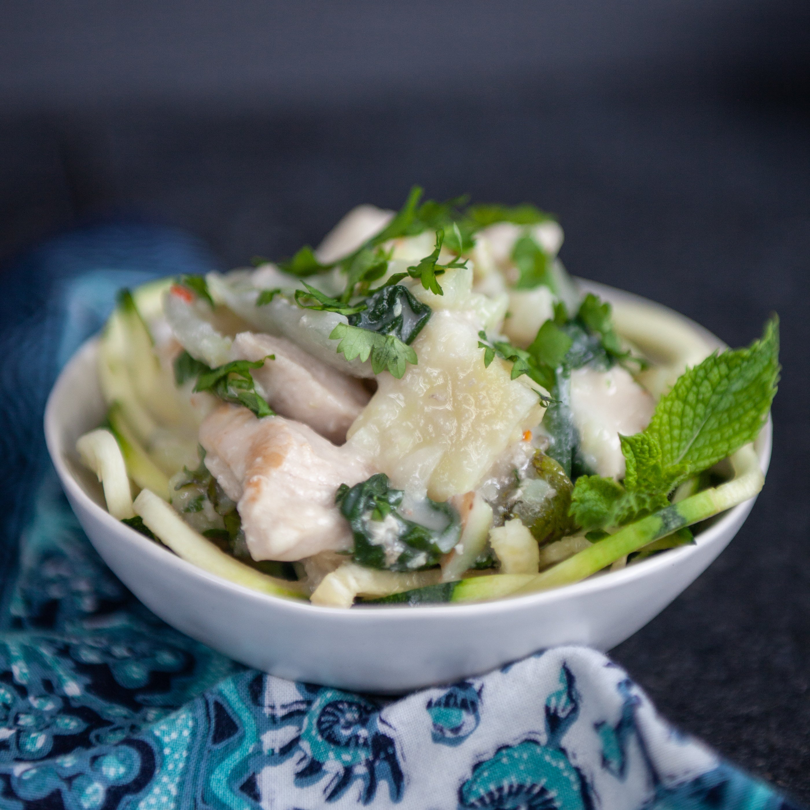 Chicken Breast, Sweet Potato, Zucchini & Spinach w/Ginger & Fresh Herbs in a Creamy Coconut Broth