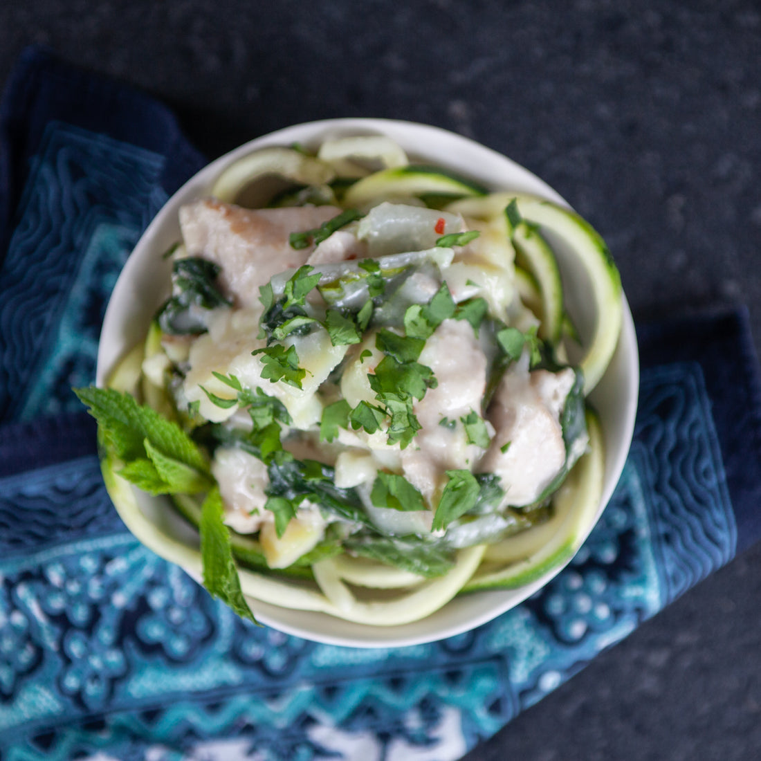 Sweet Potato, Zucchini & Spinach Soup w/Chicken Breast, Ginger & Fresh Herbs in a Creamy Coconut Broth