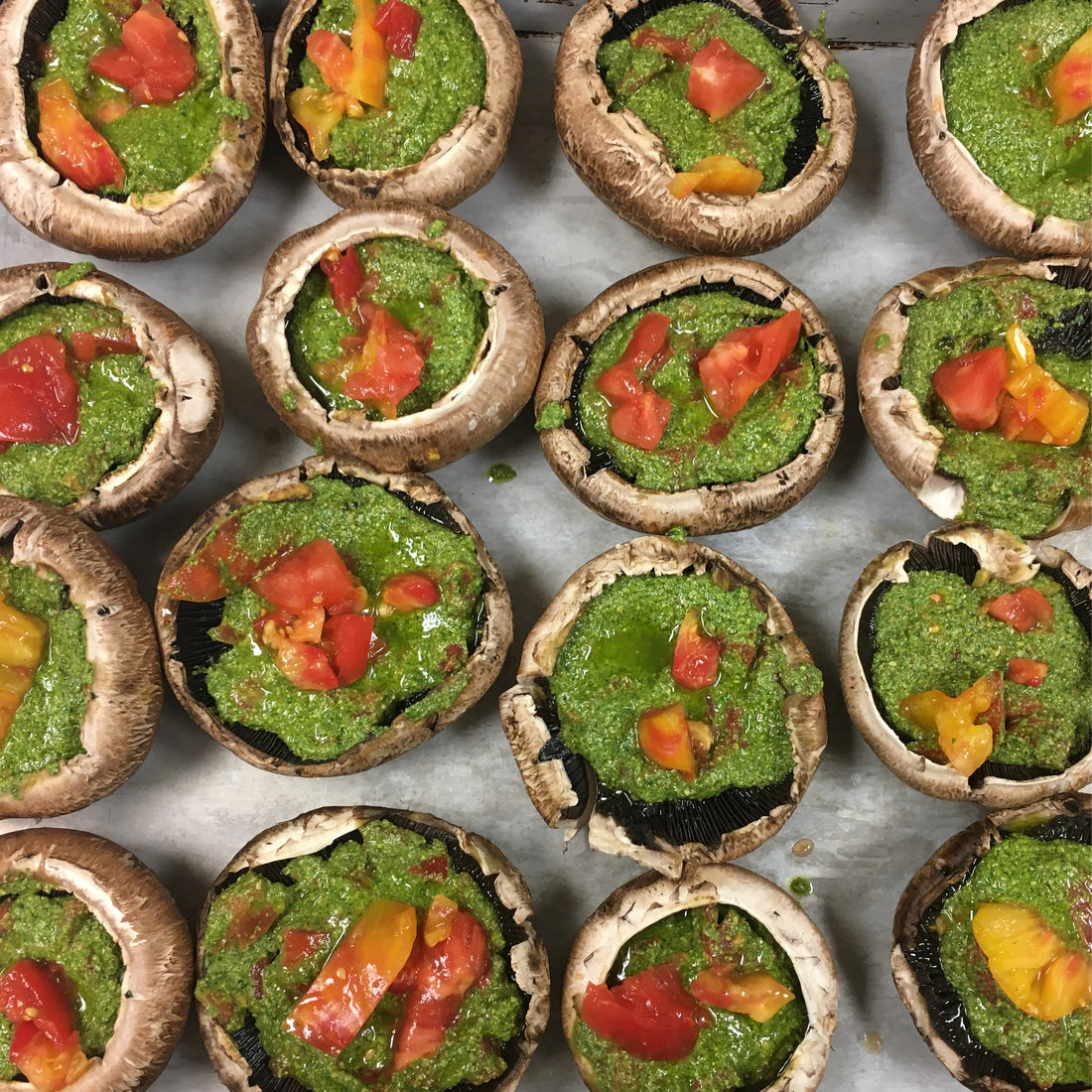 Grill-at-Home - Portobello Mushrooms Stuffed w/Basil Pesto & Cherry Tomatoes