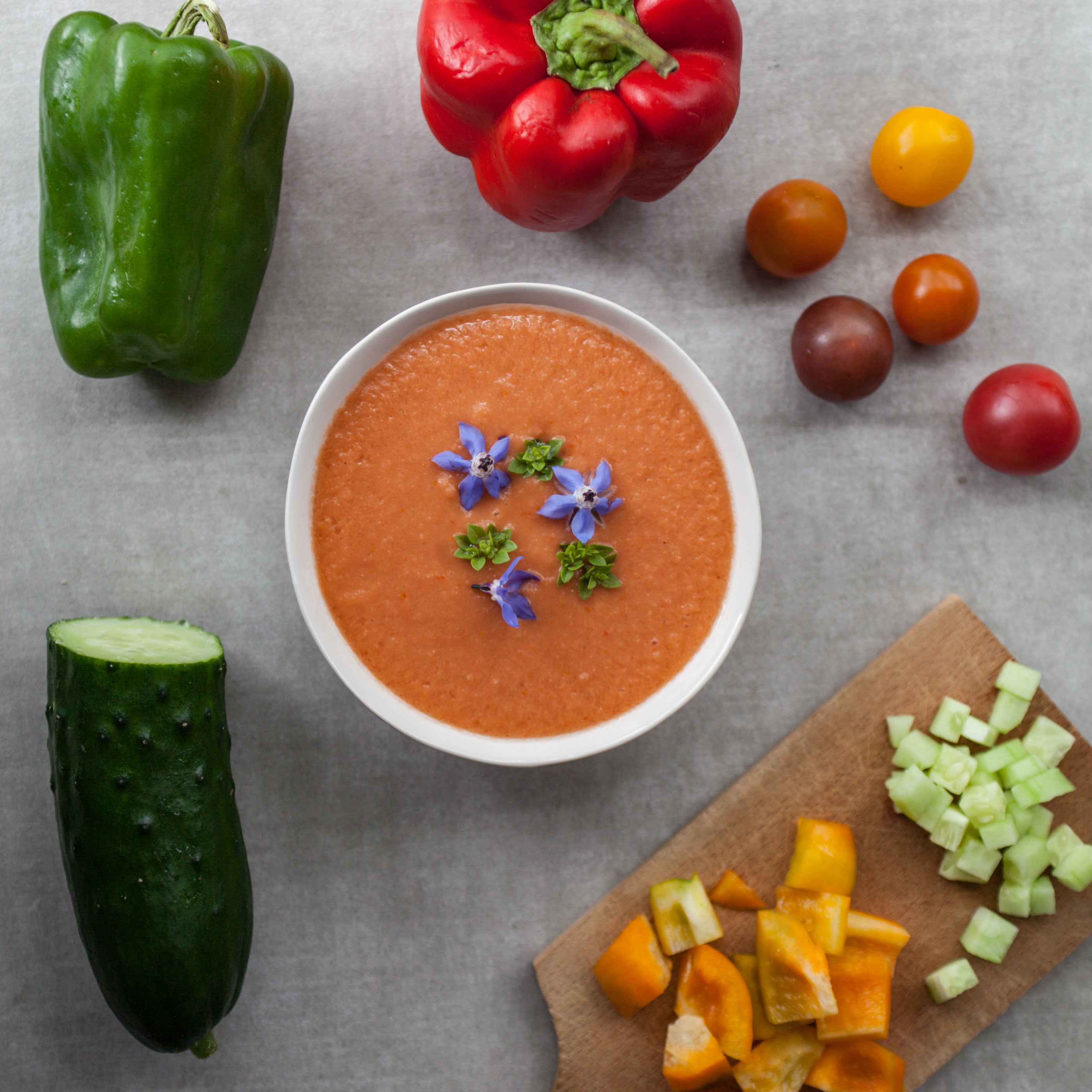 Gazpacho w/Locally Grown Tomatoes, Cucumbers & Herbs