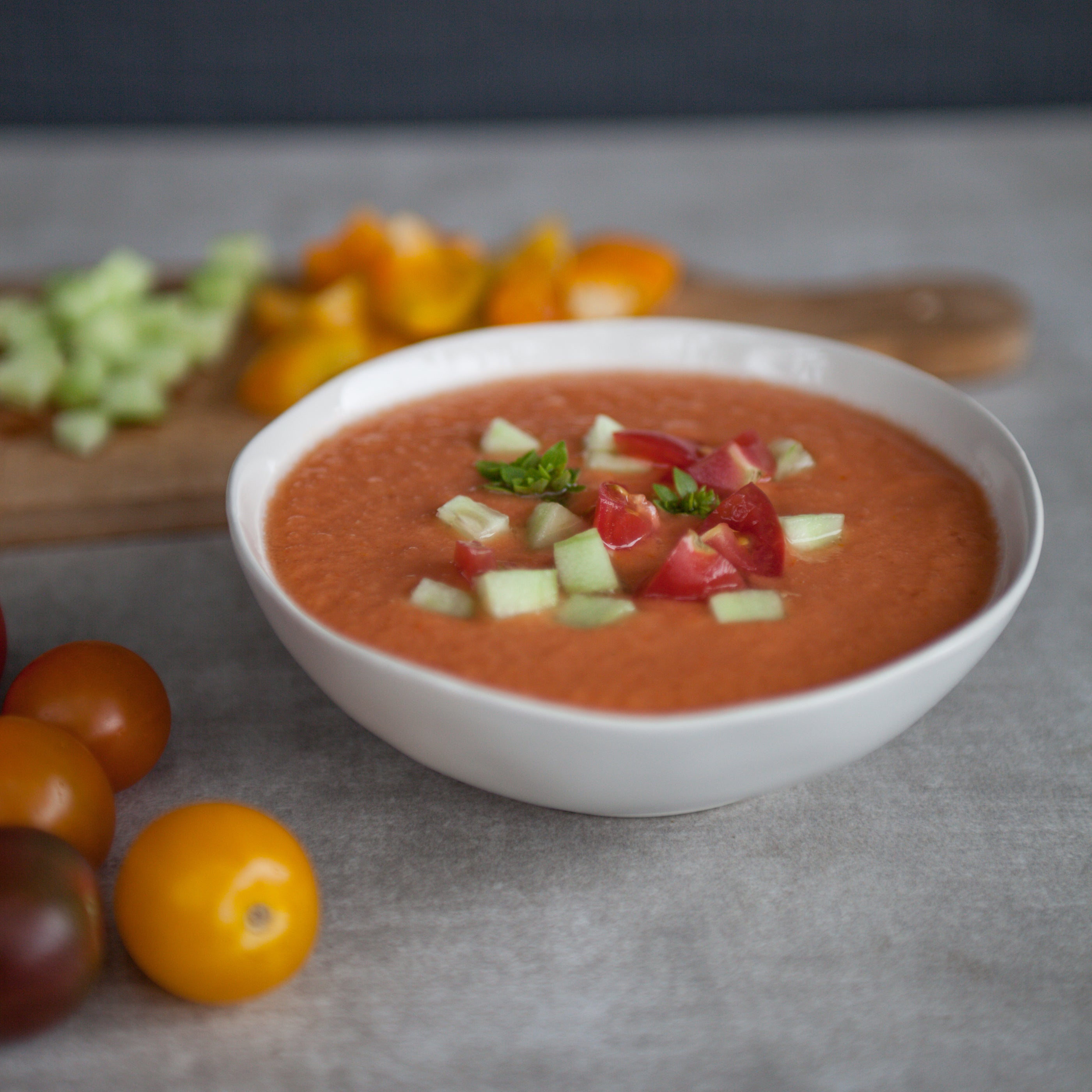 Gazpacho w/Locally Grown Tomatoes, Cucumbers & Herbs