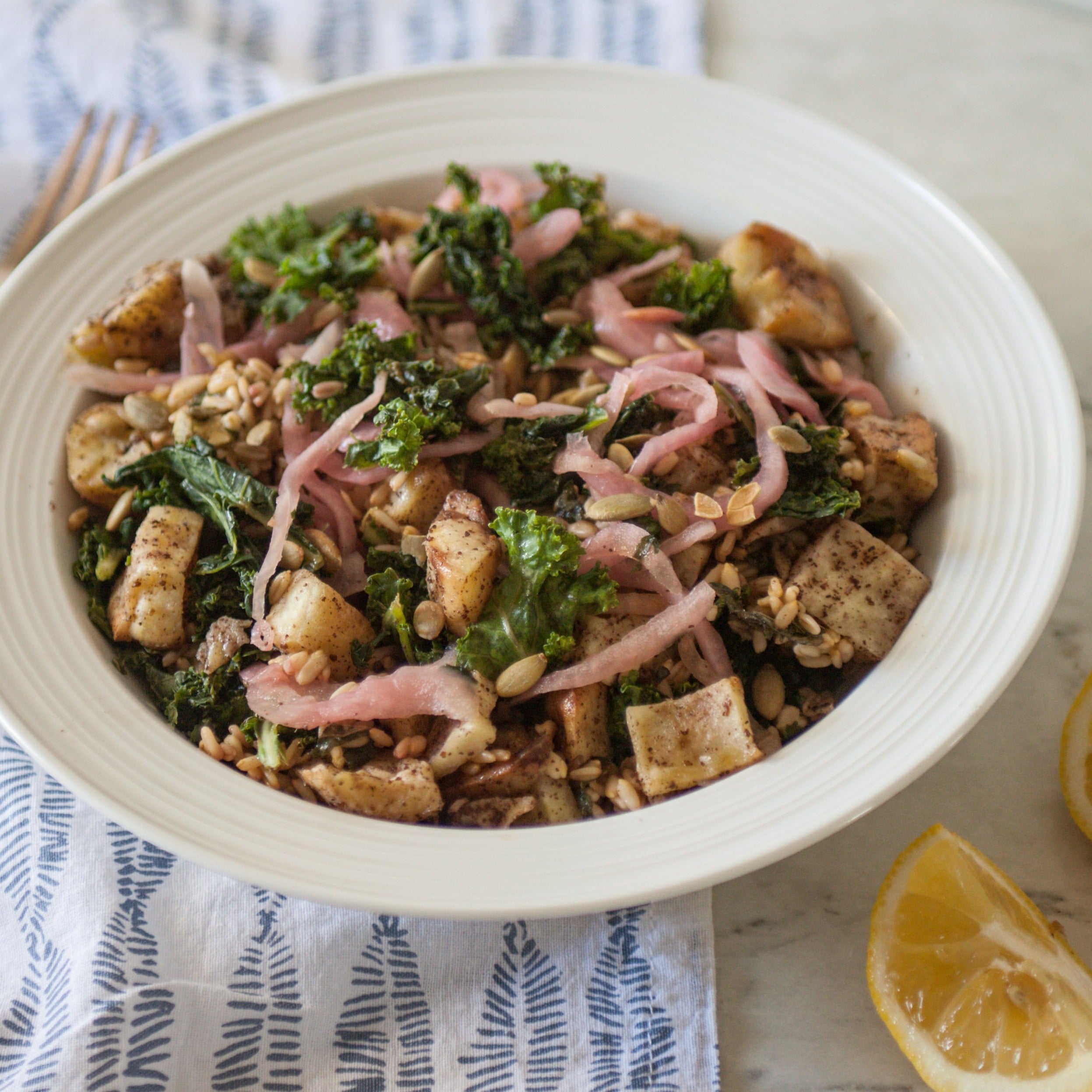 Mediterranean Sweet Potato, Kale & Oat Groat Salad w/Toasted Pumpkin Seeds