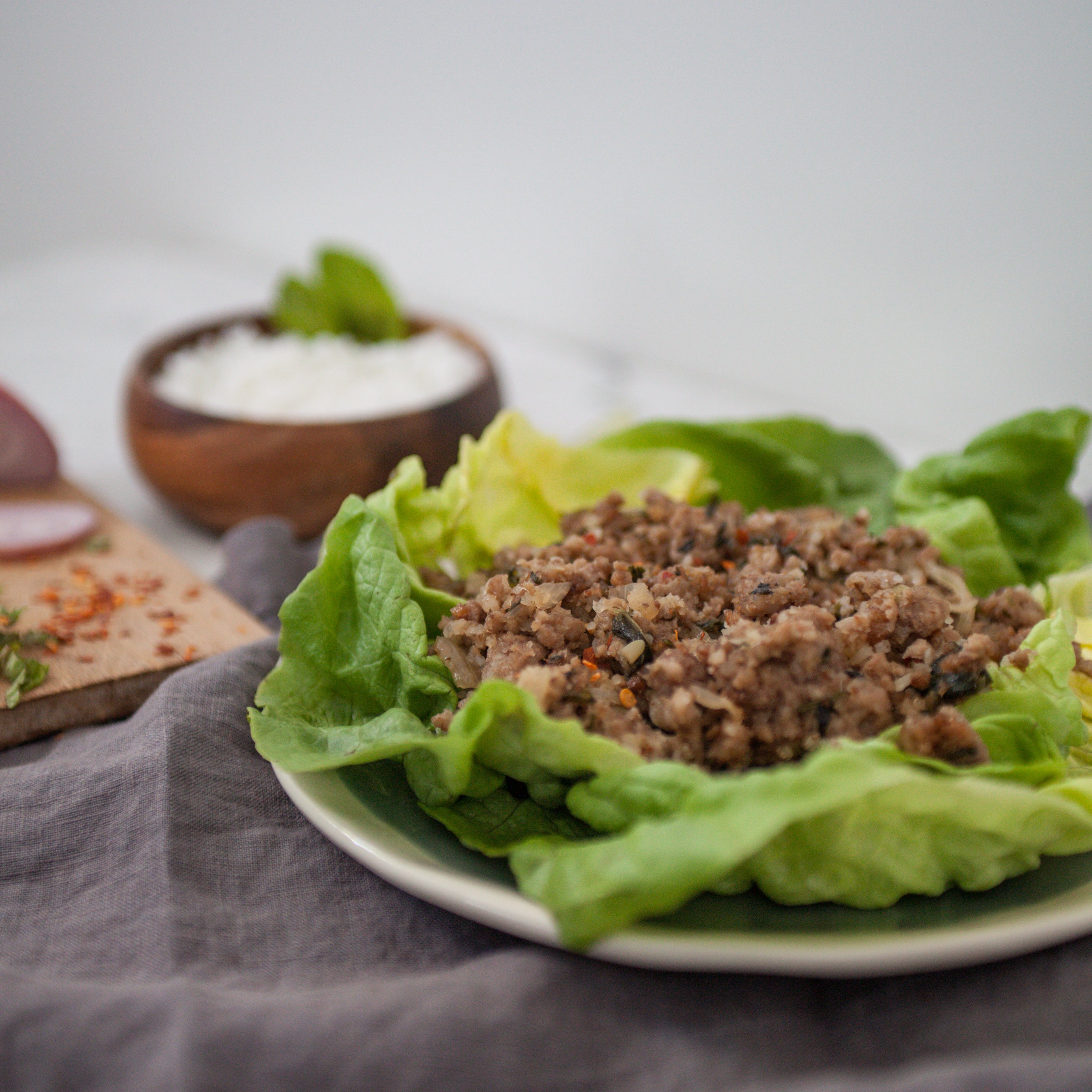 Thai Pork Larp w/Fresh Local Herbs, Lettuce Cups & Sweet Chili Sauce