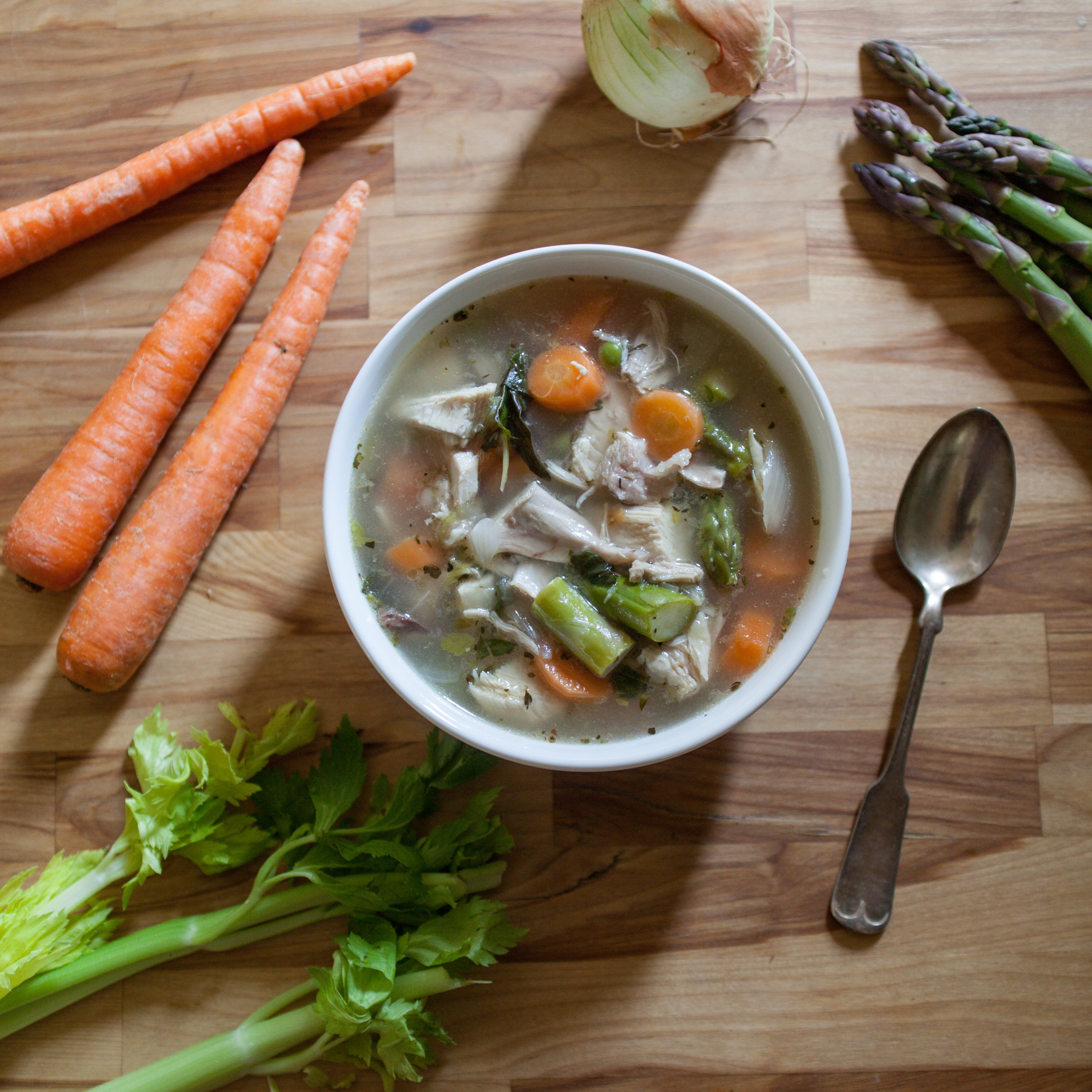 Lemony Spring Chicken Soup w/Carrots, Asparagus, Sweet Peas & Fresh Herbs
