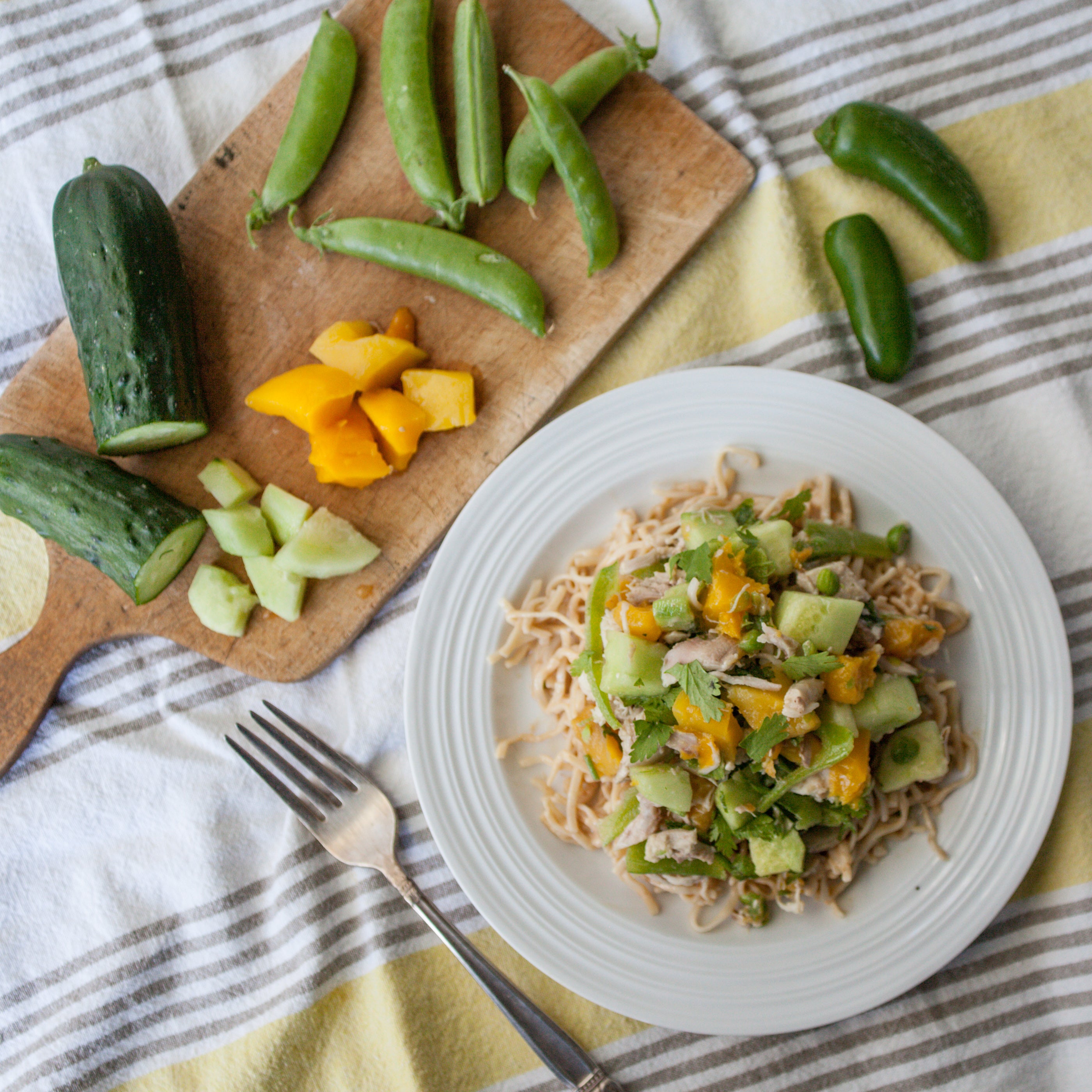 Chicken, Cucumber, Snap Pea & Mango Rice Noodle Bowl w/Peanut-Ginger Dressing