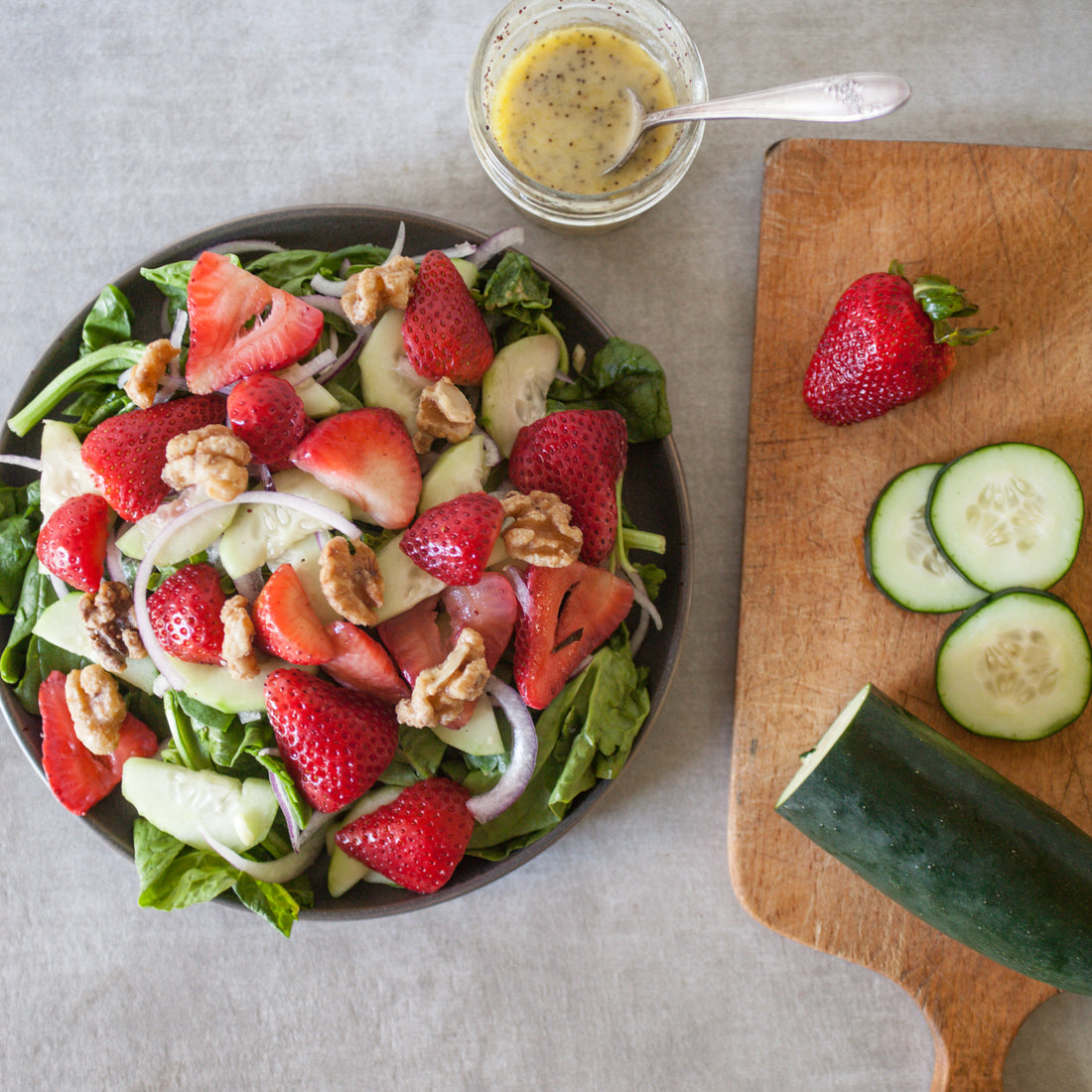 Green Salad w/Strawberries, Cucumber, Fresh Herbs & Strawberry-Lime-Poppy Dressing