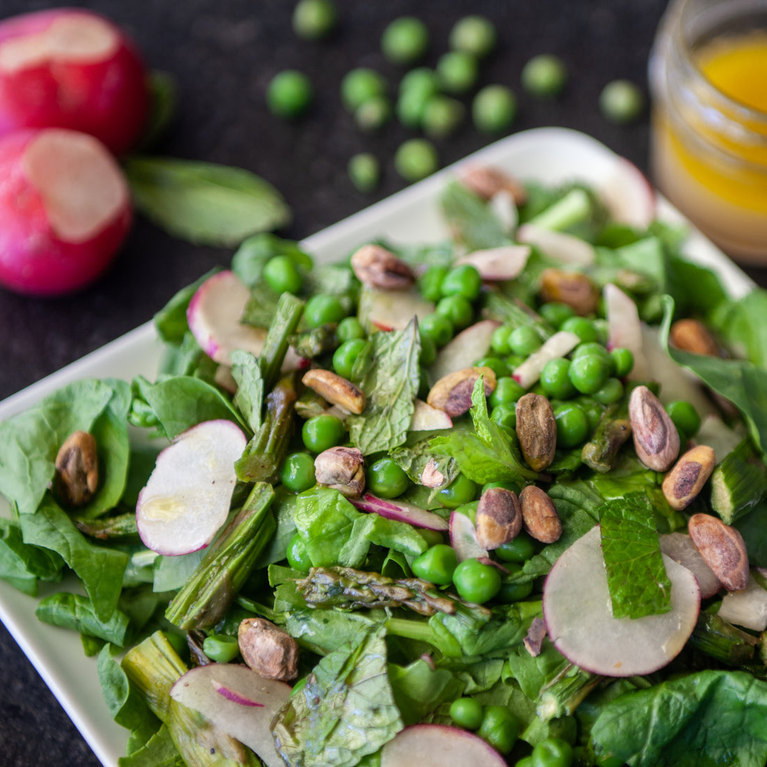 Arugula, Asparagus, Carrot, Radish & Mint Salad w/Pistachios & Honey-Lemon Dressing