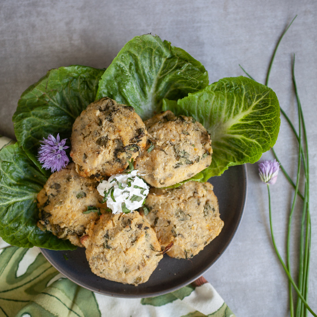 Quinoa, Red Lentil, Spinach & Sweet Potato Patties w/Amaltheia Feta & Lemon Herb Yogurt Sauce