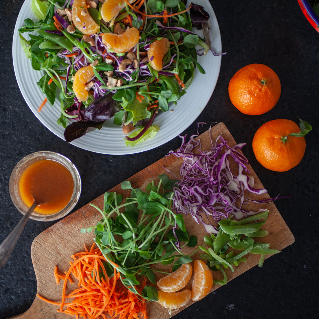 Chopped Salad w/Cucumber, Carrot, Snap Peas, Clementines, Cashews & Sesame Ginger Dressing