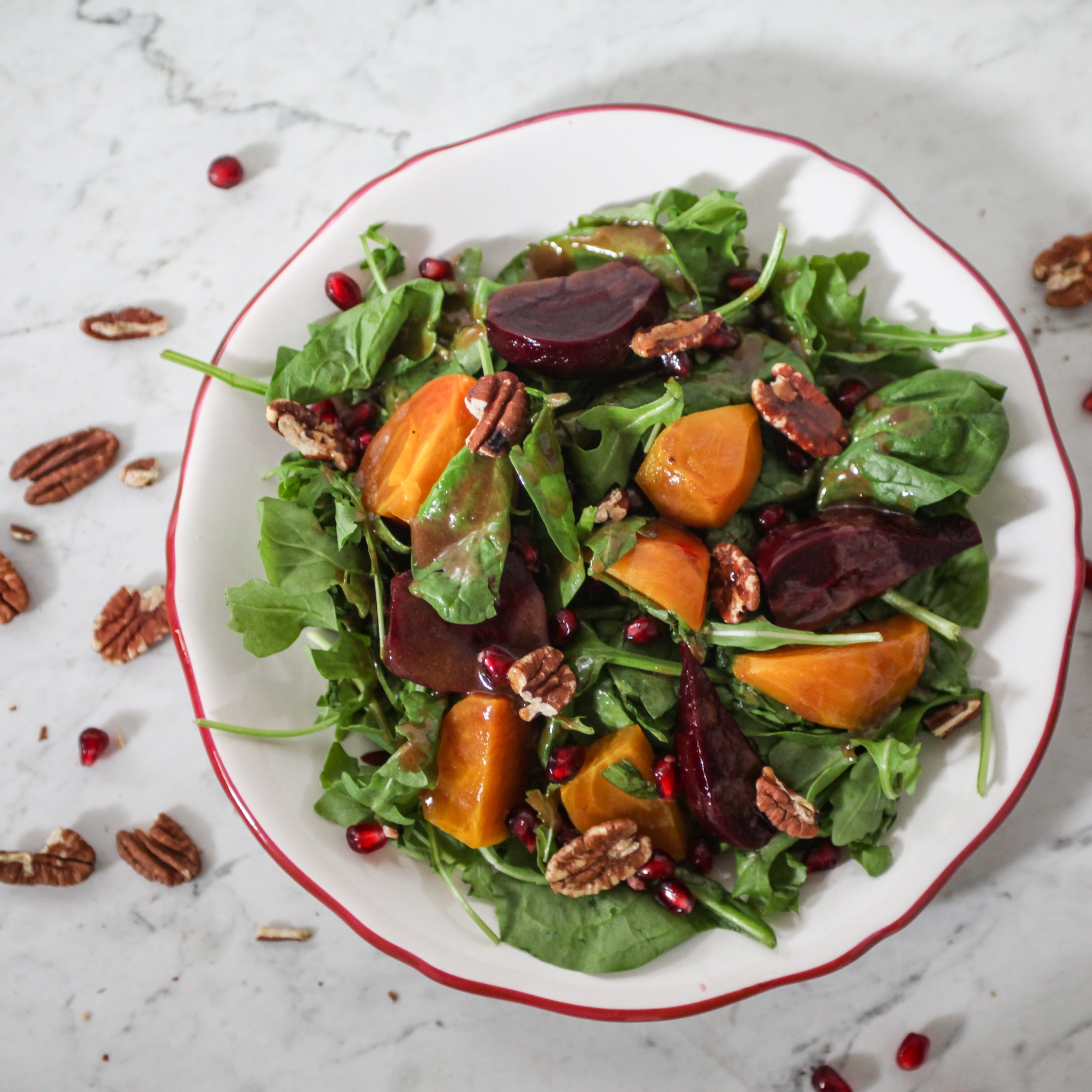 Green Salad w/ Pickled Beets, Pomegranate, Toasted Pecans & Fig-Orange Dressing