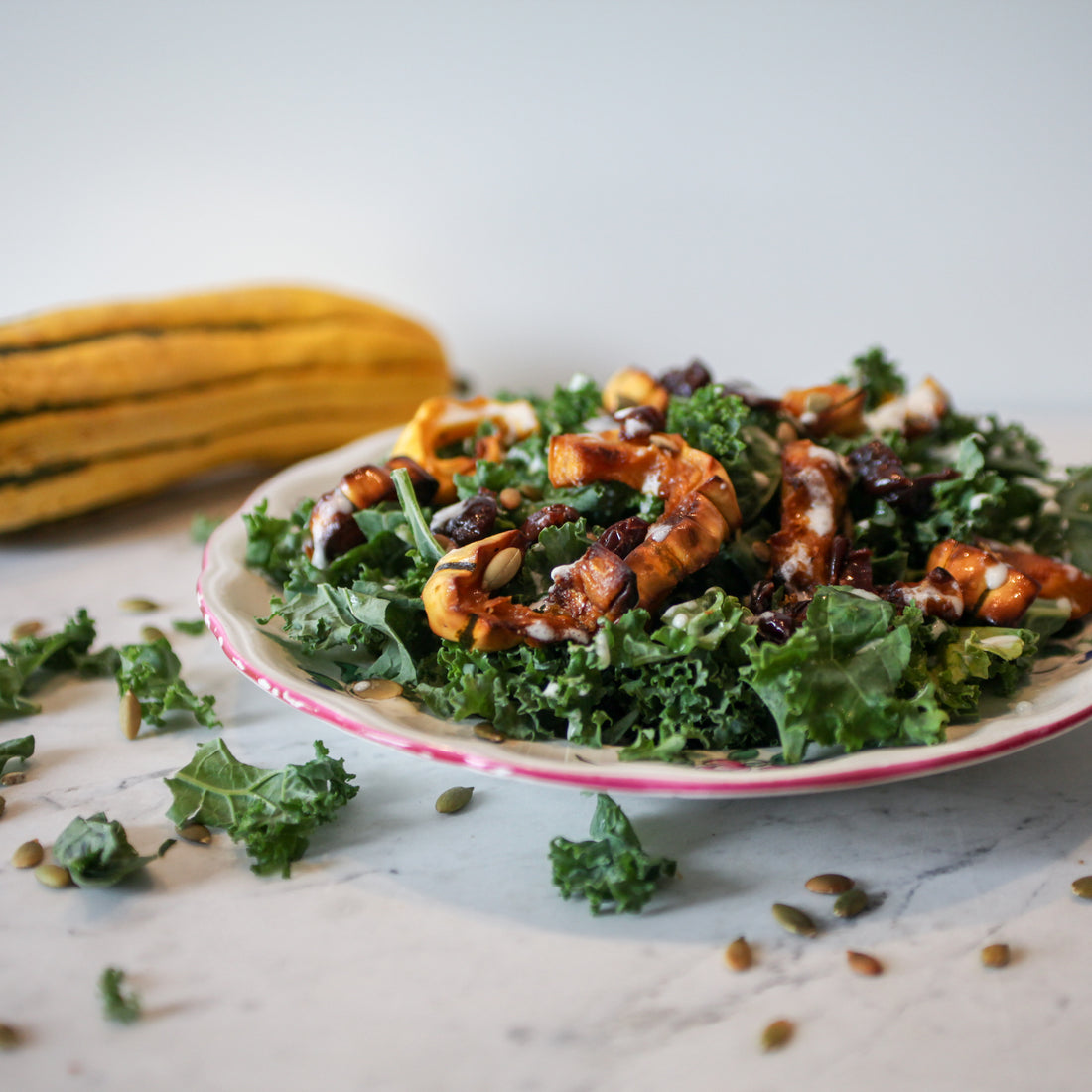 Baby Spinach Salad w/Poppy Seed-Crusted Delicata Squash, Pomegranate, Feta Cheese & Balsamic Dressing