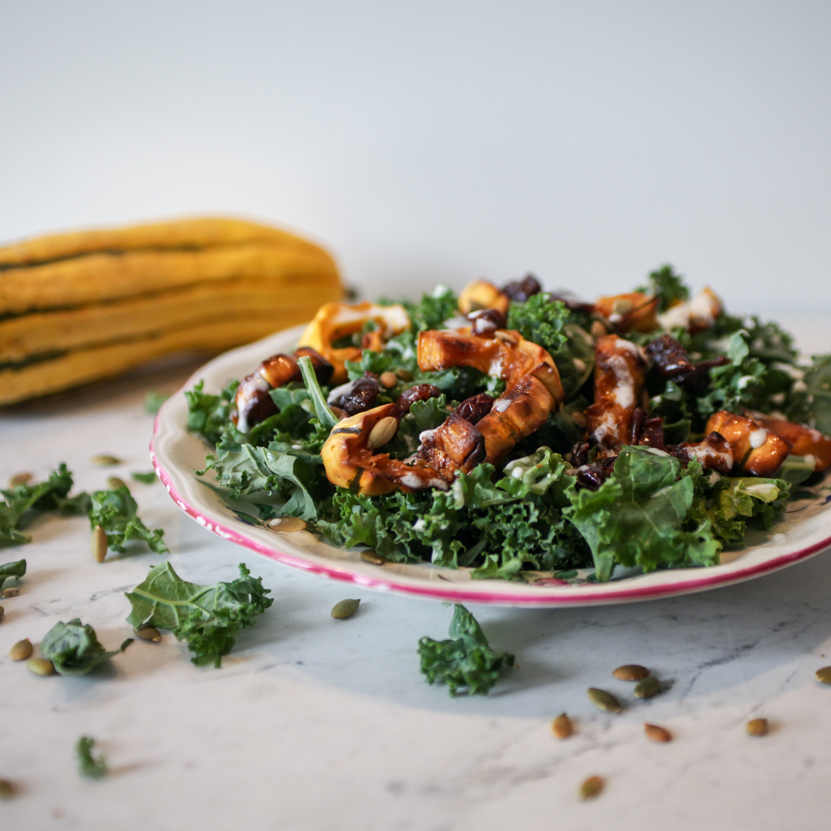 Green Salad w/Poppy Seed-Crusted Delicata Squash, Pomegranate, opt. Feta Cheese & Balsamic Dressing