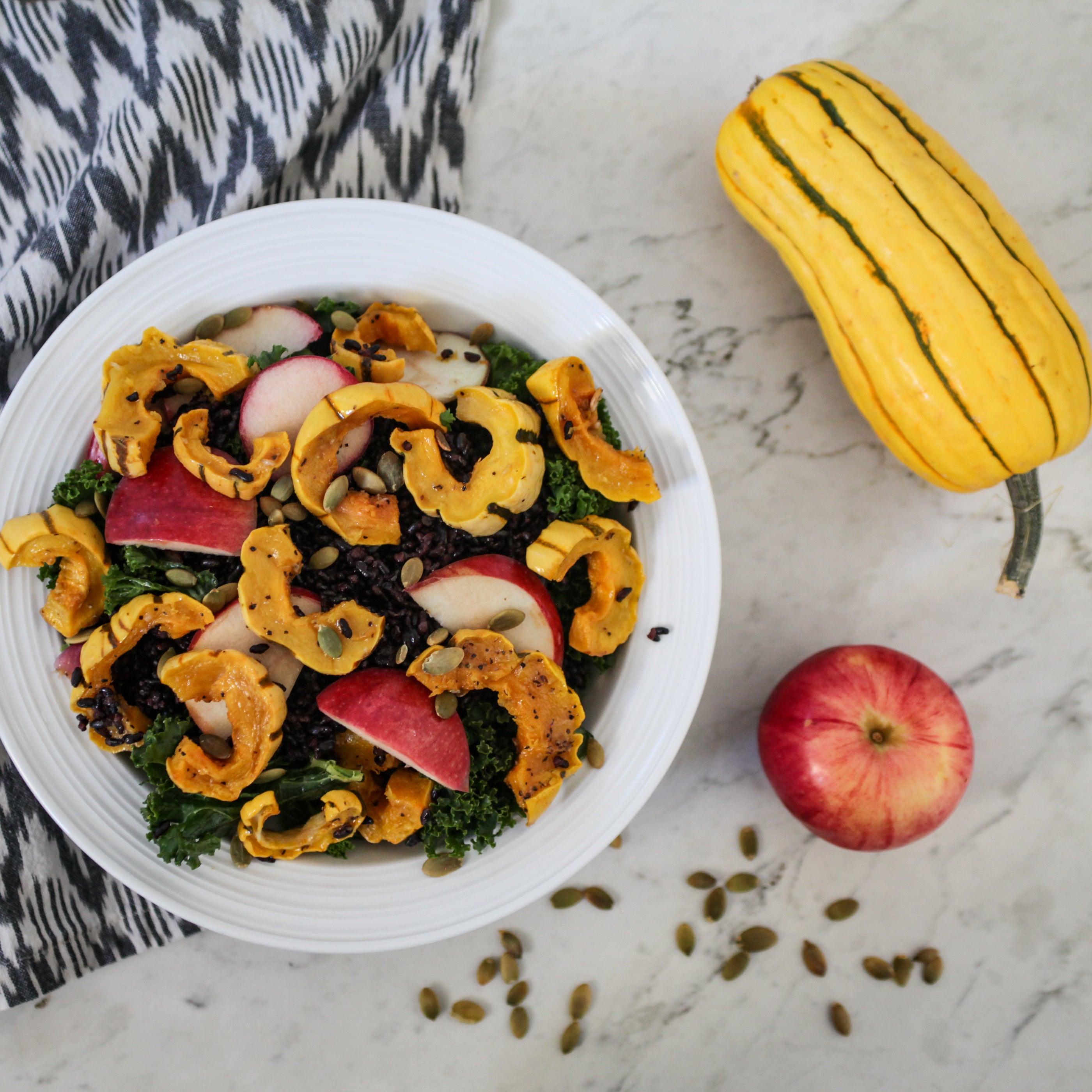Autumn Green Salad w/Delicata Squash, Apples, Maple-Pecans and Lemon-Ginger Dressing
